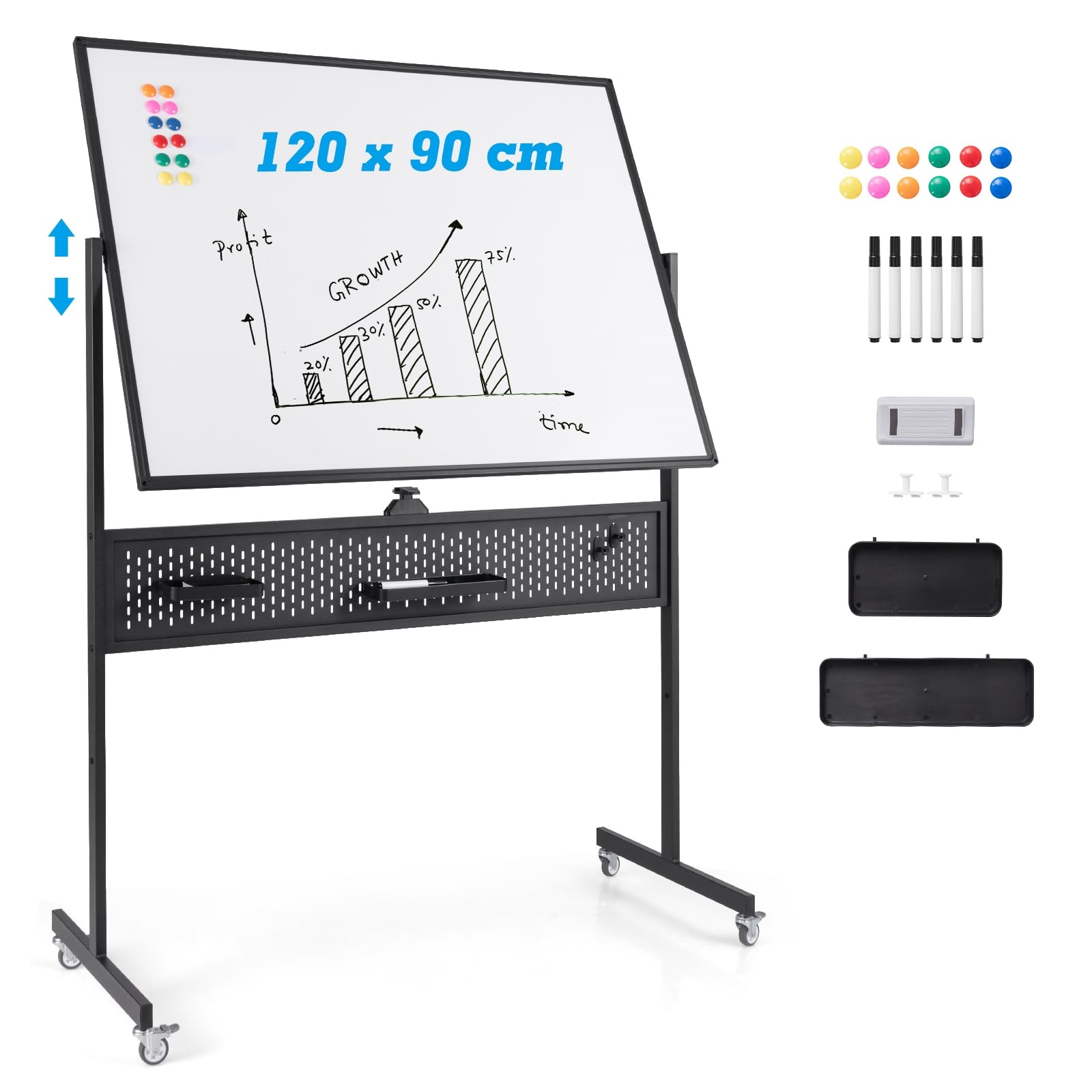 Image of Double-sided Mobile Whiteboard, 120 X 90 Cm, Dry-erasable Magnetic Whiteboard With Plug-in Board, Wheels And Stand, . Accessories For Office, Home, Black.