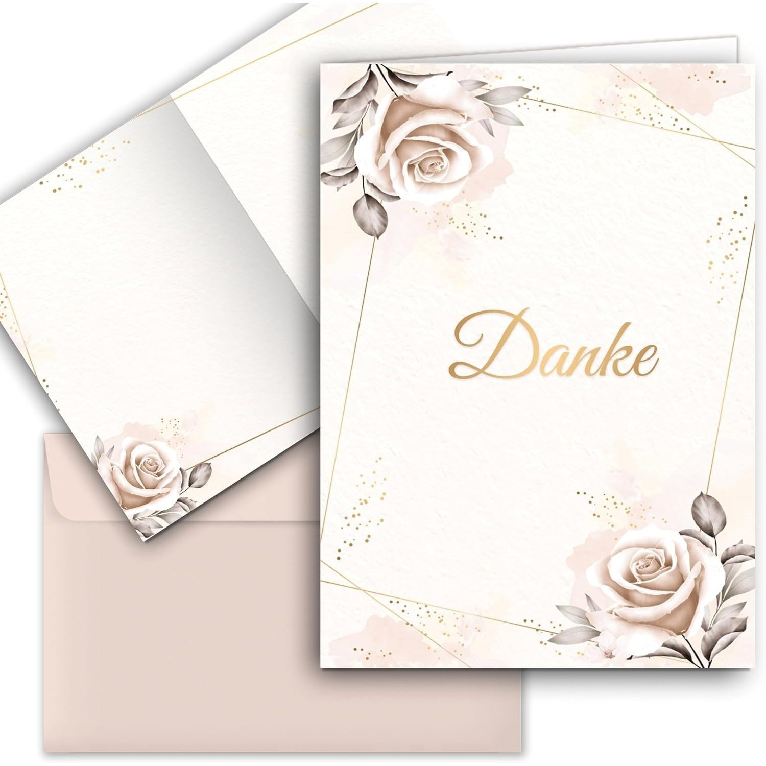E-shop 10 Danksagungskarten mit Umschlag Beige Rosen Danke Dankeskarte Klappkarten Dankeschön Hochzeit Feier Jubiläum Feude Trauer Trauerkarten