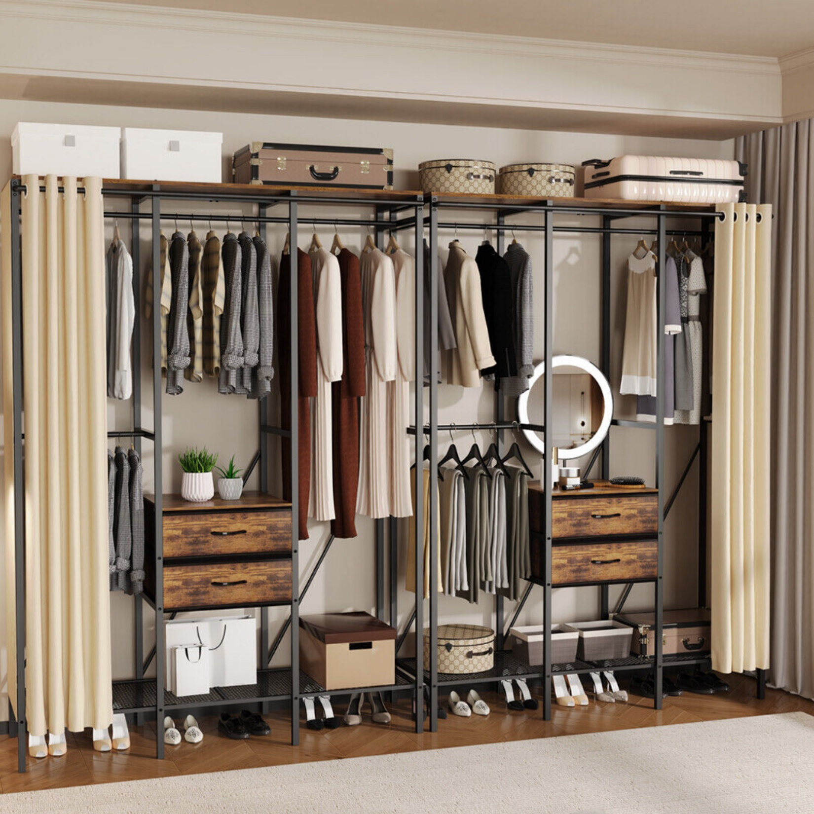 TEMU Heavy Duty Clothes Rack: Freestanding Clothing Organizer Stand Dust-proof Curtain Portable Wardrobe With Hanging Rails And Shelves For , Bedroom
