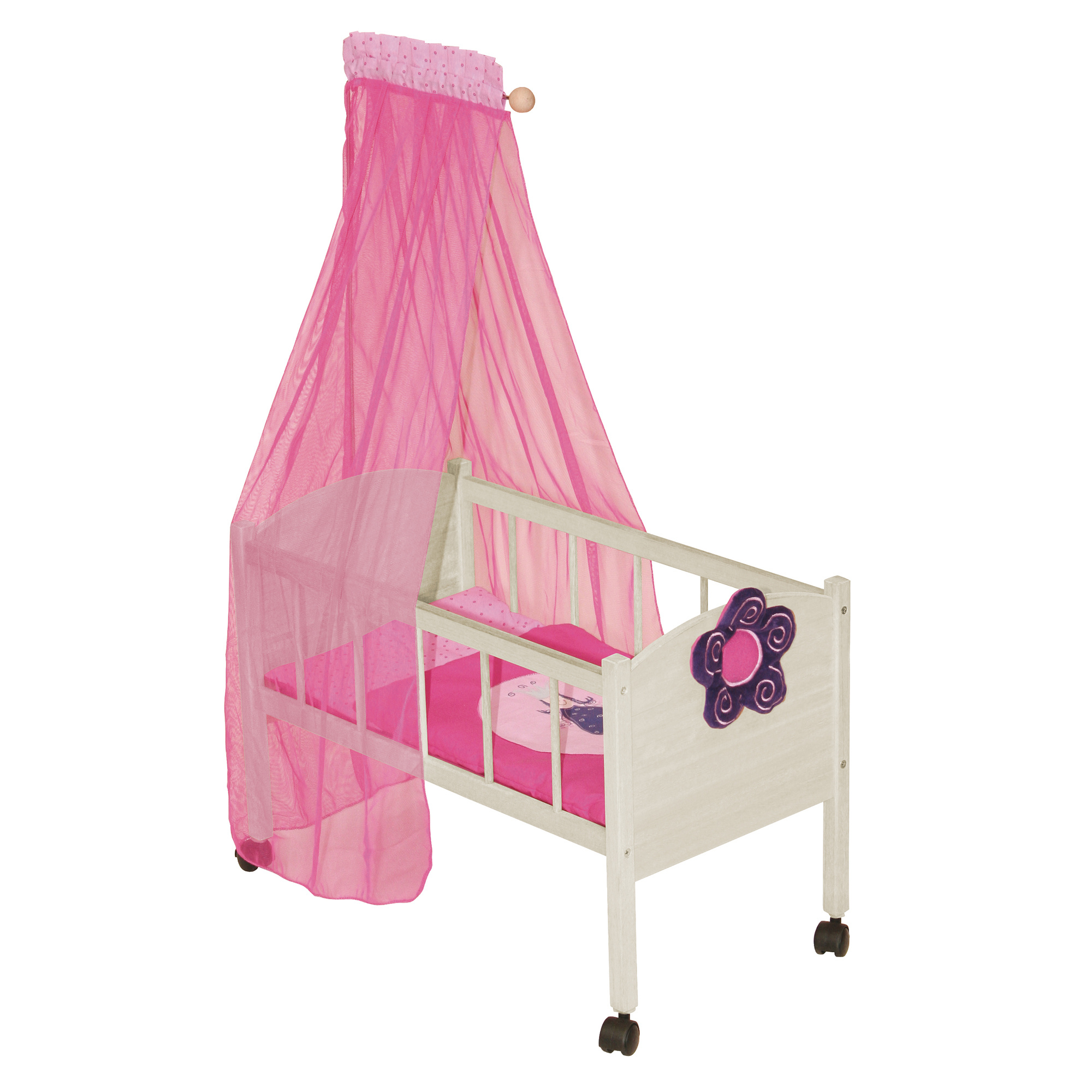 Roba Doll Bed Series 'happy Fee', Natural Wood Including Textile Equipment, Bedding & Pink Canopy