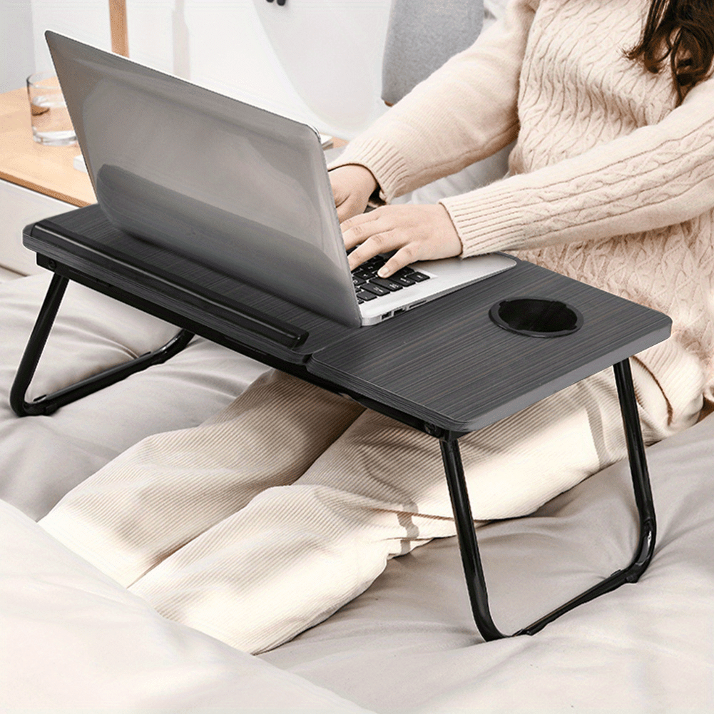 [Cozy Comfort] Versatile Folding Laptop Desk with Cup Holder - 5-Level Adjustable Tilt, Portable & Sturdy Wooden Frame, Ideal for Reading, Studying & Serving Breakfast in Bed - Available in Black, Walnut, Natural, Pink