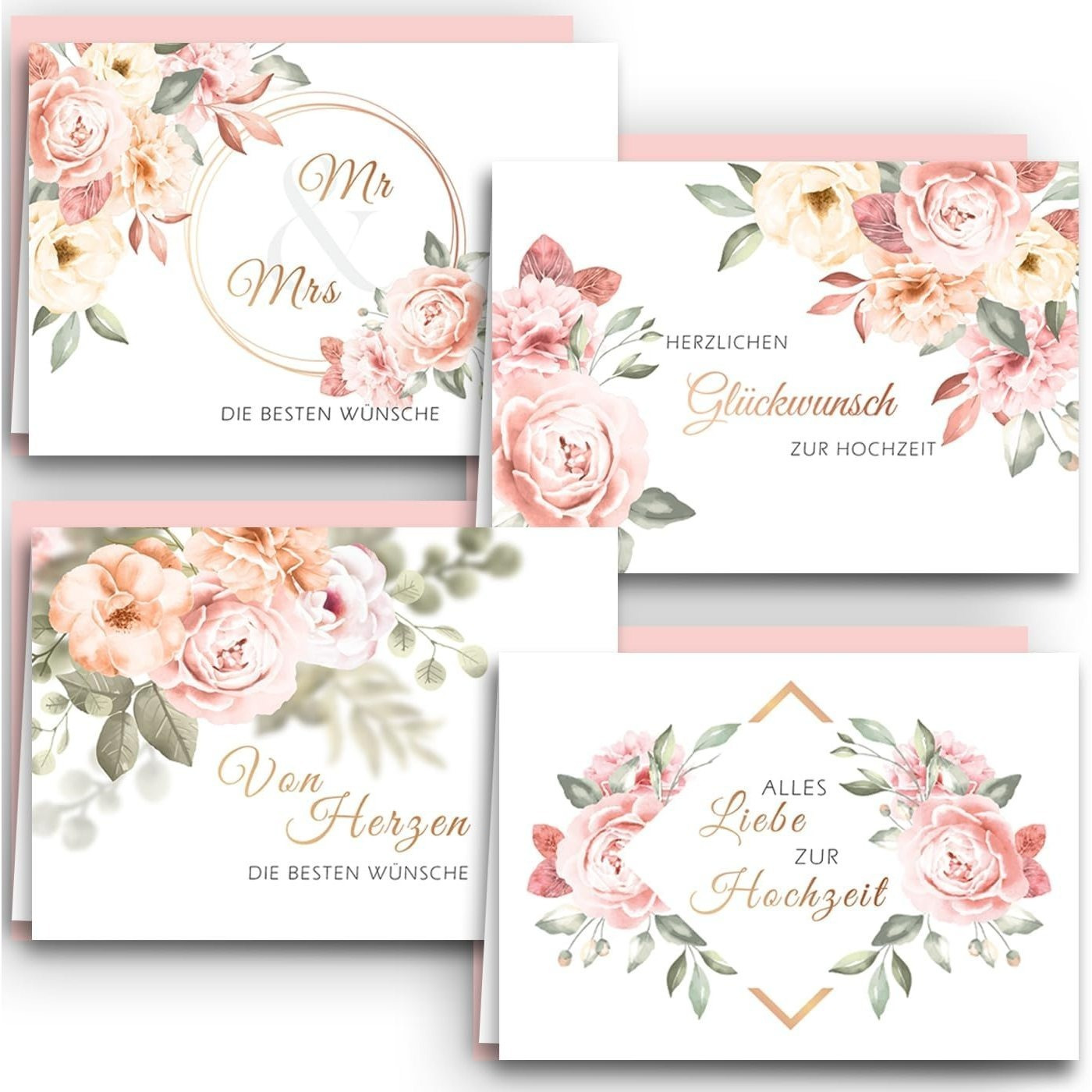 Image of Wedding Greeting Cards 4-piece Set, Rose Watercolor With Dusty Pink Envelopes, Folding Cards, Elegant And Modern Wedding Cards