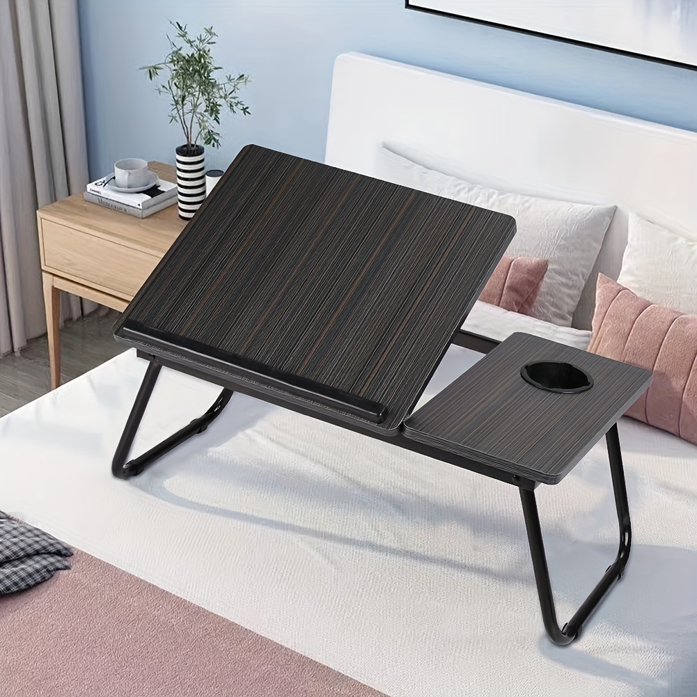 [Cozy Comfort] Versatile Folding Laptop Desk with Cup Holder - 5-Level Adjustable Tilt, Portable & Sturdy Wooden Frame, Ideal for Reading, Studying & Serving Breakfast in Bed - Available in Black, Walnut, Natural, Pink