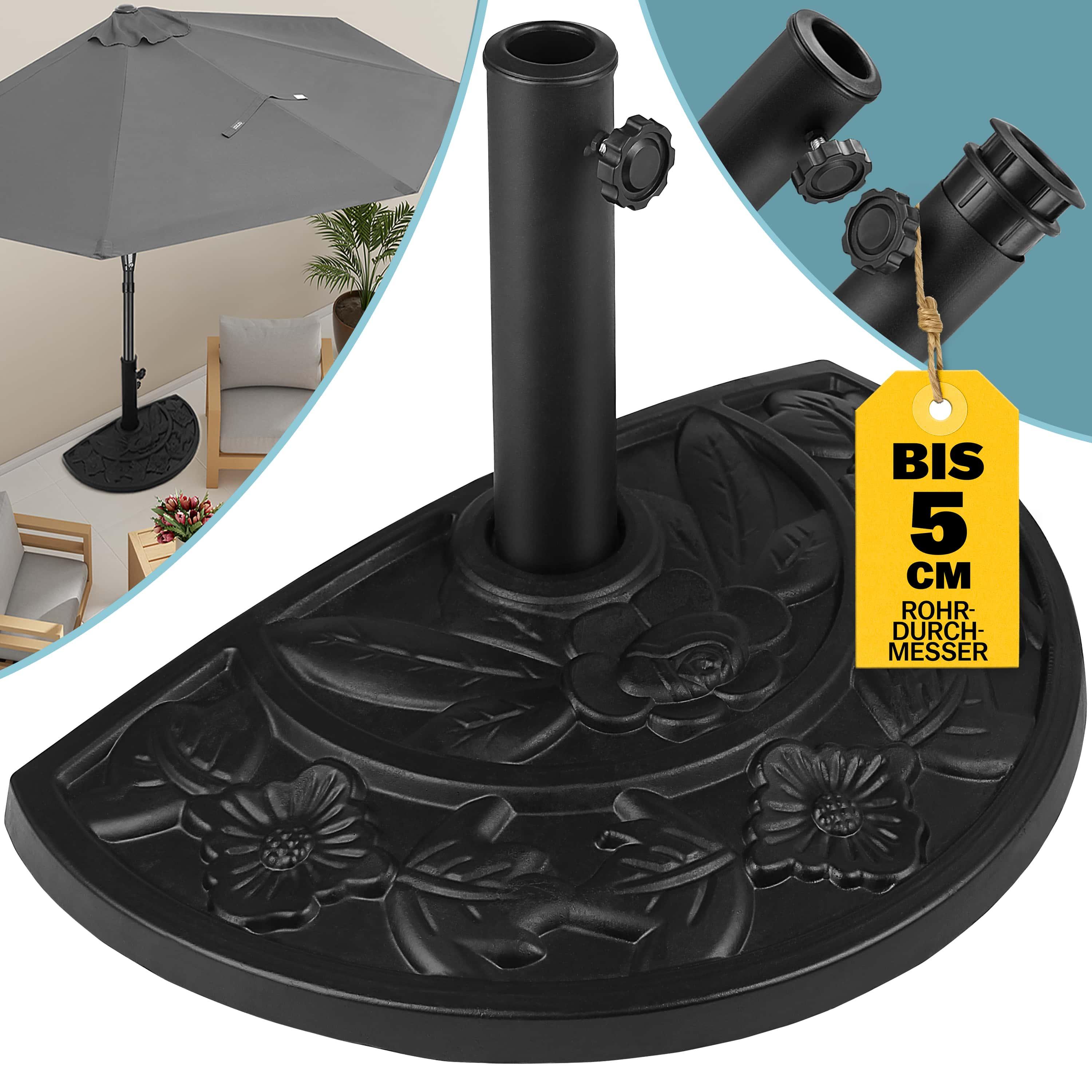 E-shop Sonnenschirmständer halbrund Balkon Terrasse 9 kg Blumen Design schwarz Gussoptik wetterfest Schirmständer Balkonschirm Terrassenschirm Ständer