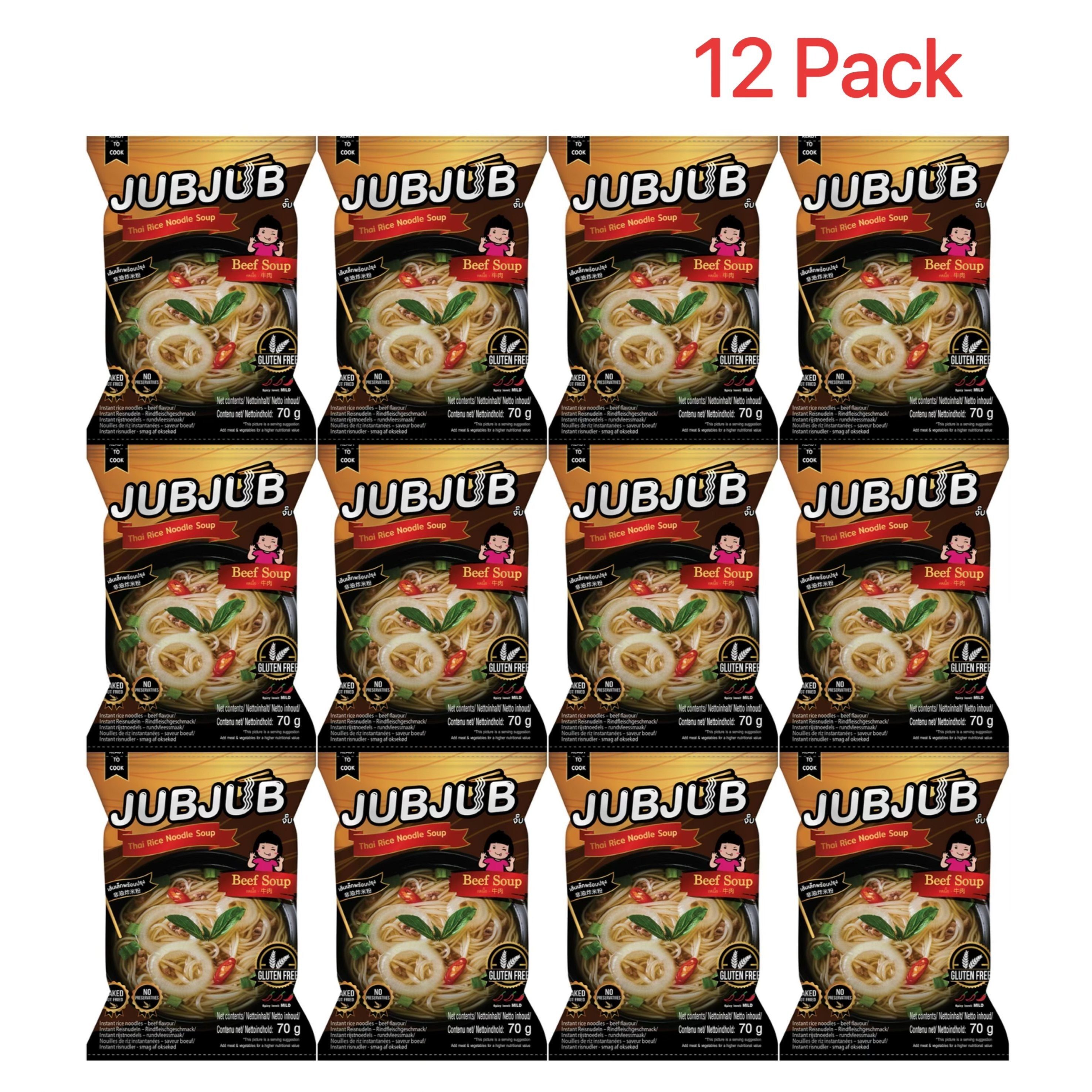 Image of 12 Packs Jub Jub Instant Noodles 12×70g, Quick & Delicious Noodles For On-the-go, 2 Flavors: Chicken / Beef Soup – Ideal For Stock, Office & Study