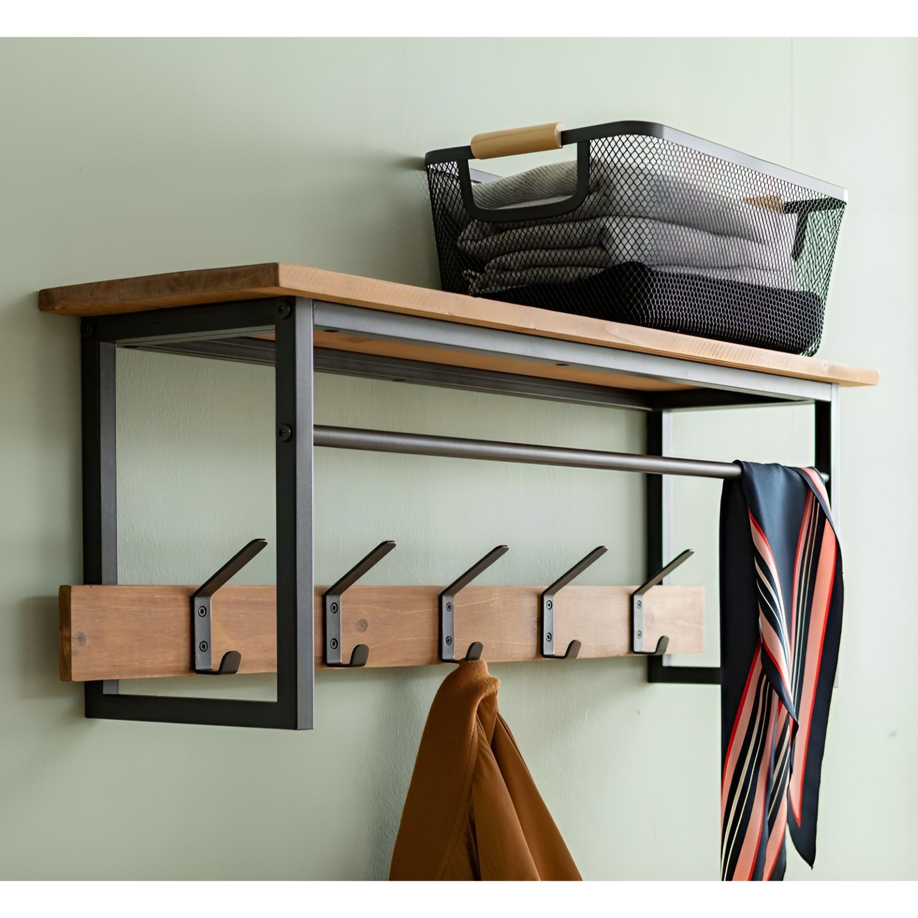 Industrial" Wooden & Metal Coat Rack With 5 Double Hooks And Shelf, Wall-mounted Wardrobe, Black