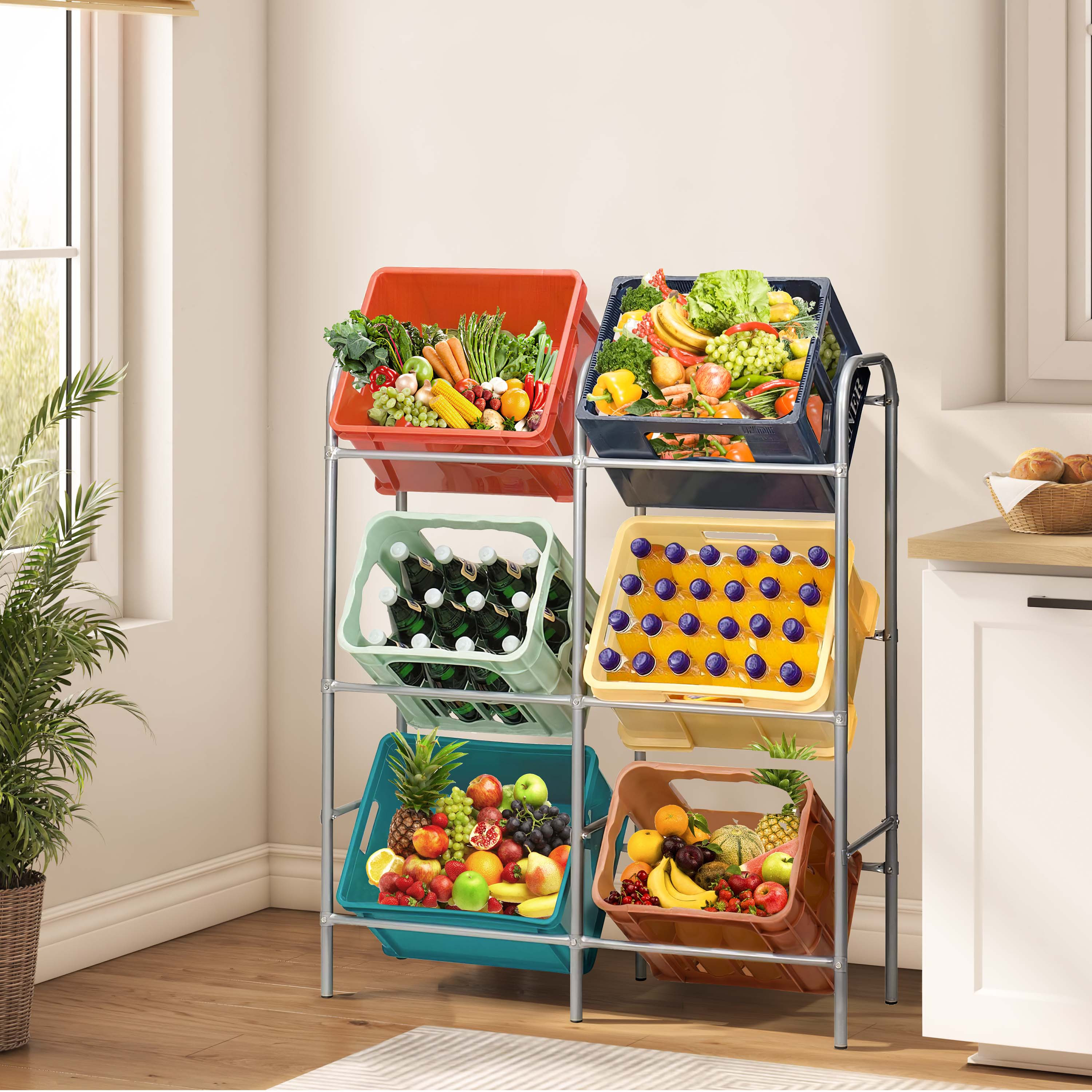 Image of 1-tier Bottle Crate Rack For Standardized Beverage Crates, Euro Boxes, Or Folding Boxes - Beverage Crate Rack With Gray Lacquered Steel Tube Frame, Used For Drying And Storage