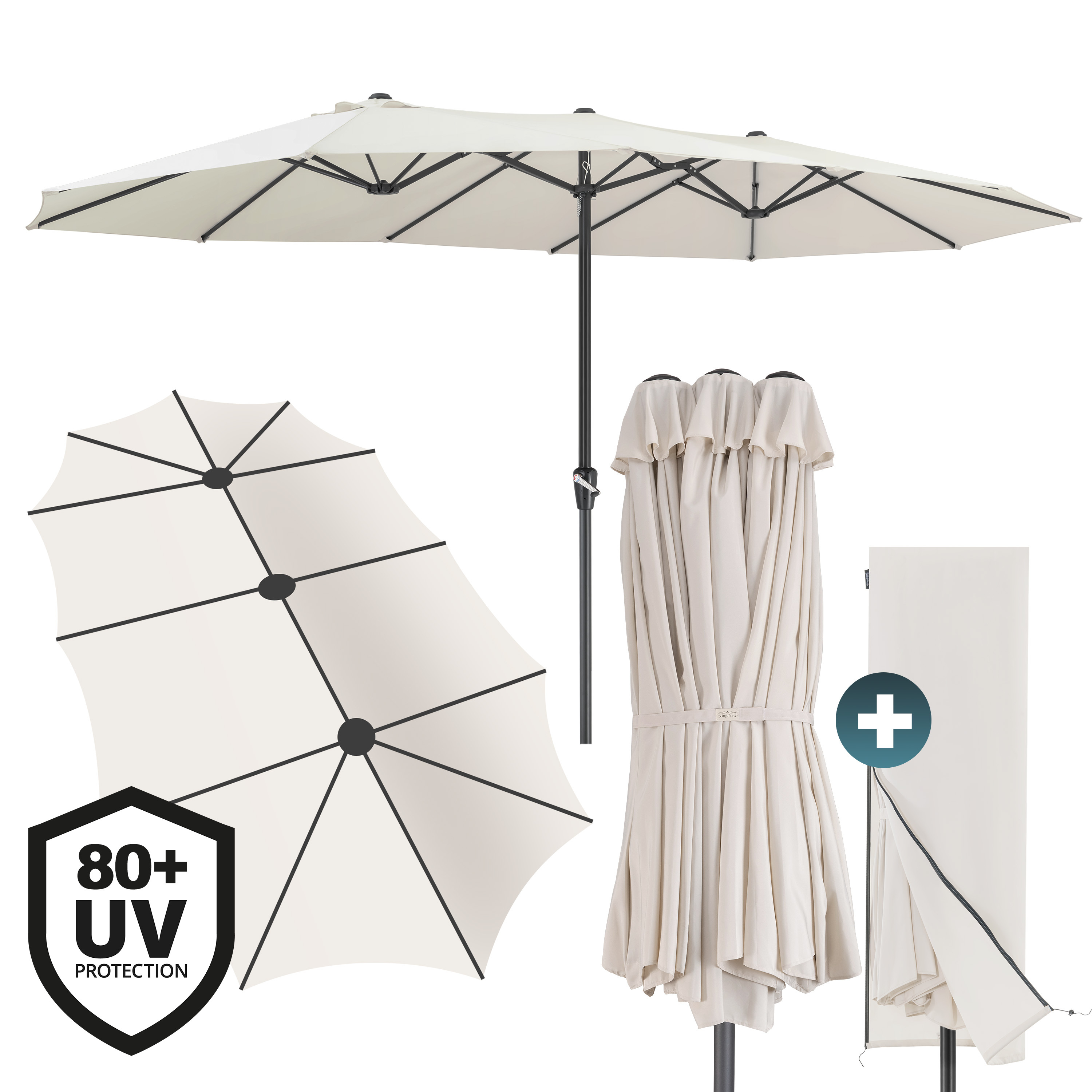 Image of ® Sun Umbrella 460x270 Cm Uv Protection 80+, Crank Handle, Stable, Large, For Garden, Terrace, Balcony, Double Market Umbrella, Garden Umbrella