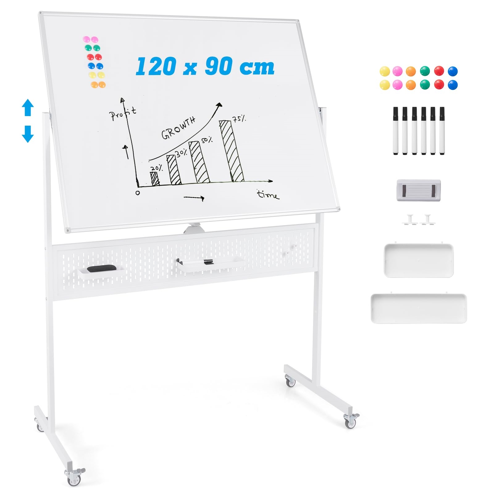 Image of Double-sided Mobile Whiteboard, 120 X 90 Cm, Dry-erasable Magnetic Whiteboard With Plug-in Board, Wheels And Stand, . Accessories For Office, Home, White.