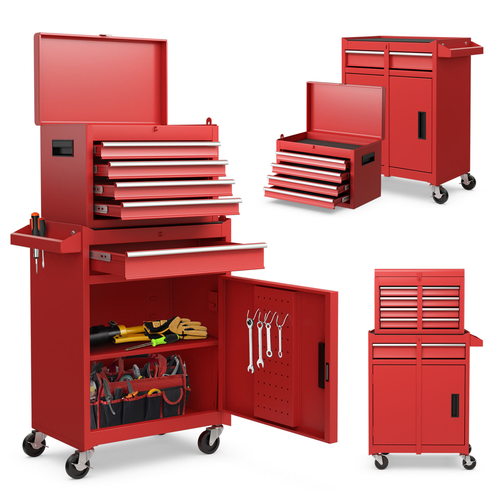 Image of Workshop Trolley With Removable Chest, Rolling Tool Chest With 5 Drawers & Adjustable Shelf Cabinet For Garage, Workshop