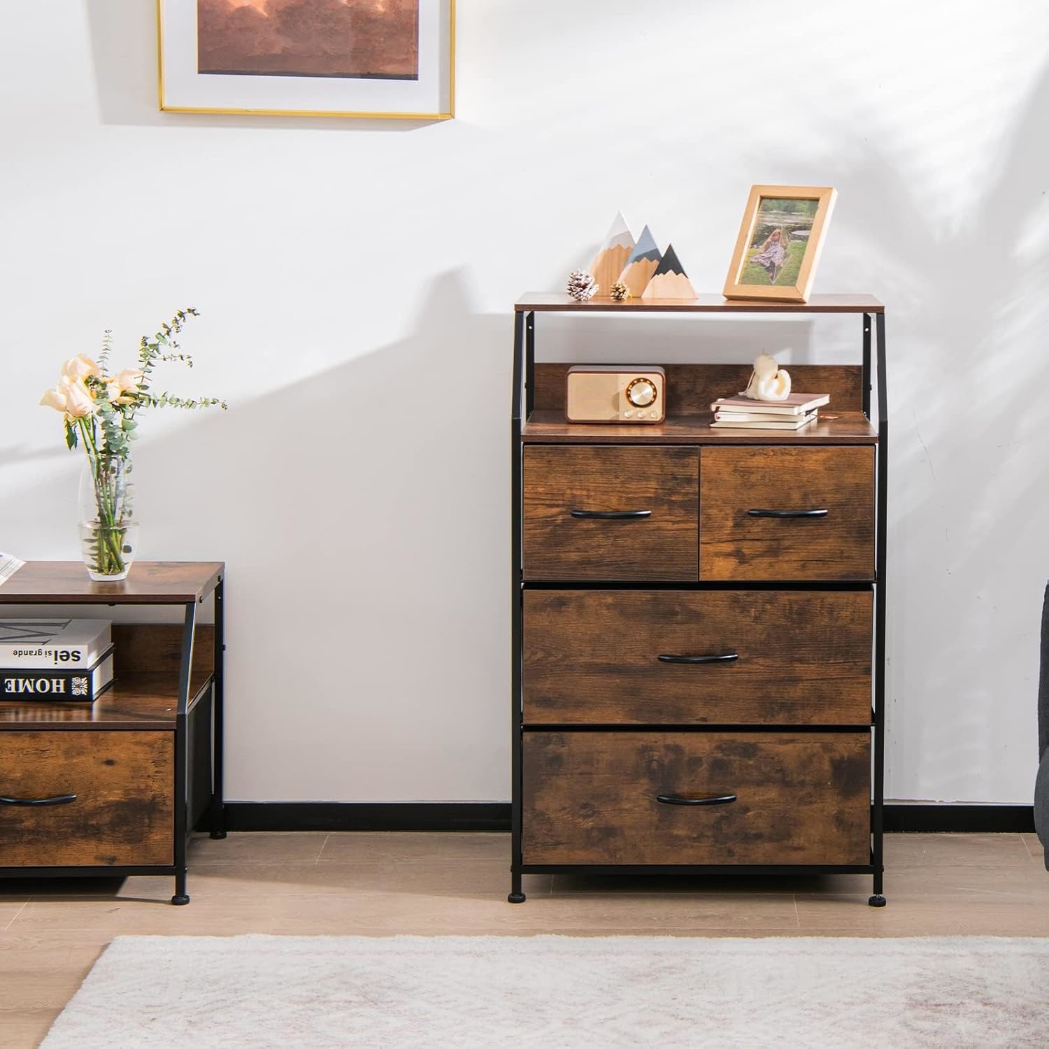Storage Drawer, Wardrobe With 4 Fabric Drawers And 2 Open Shelves, Anti-rollover Device, Industrial Style