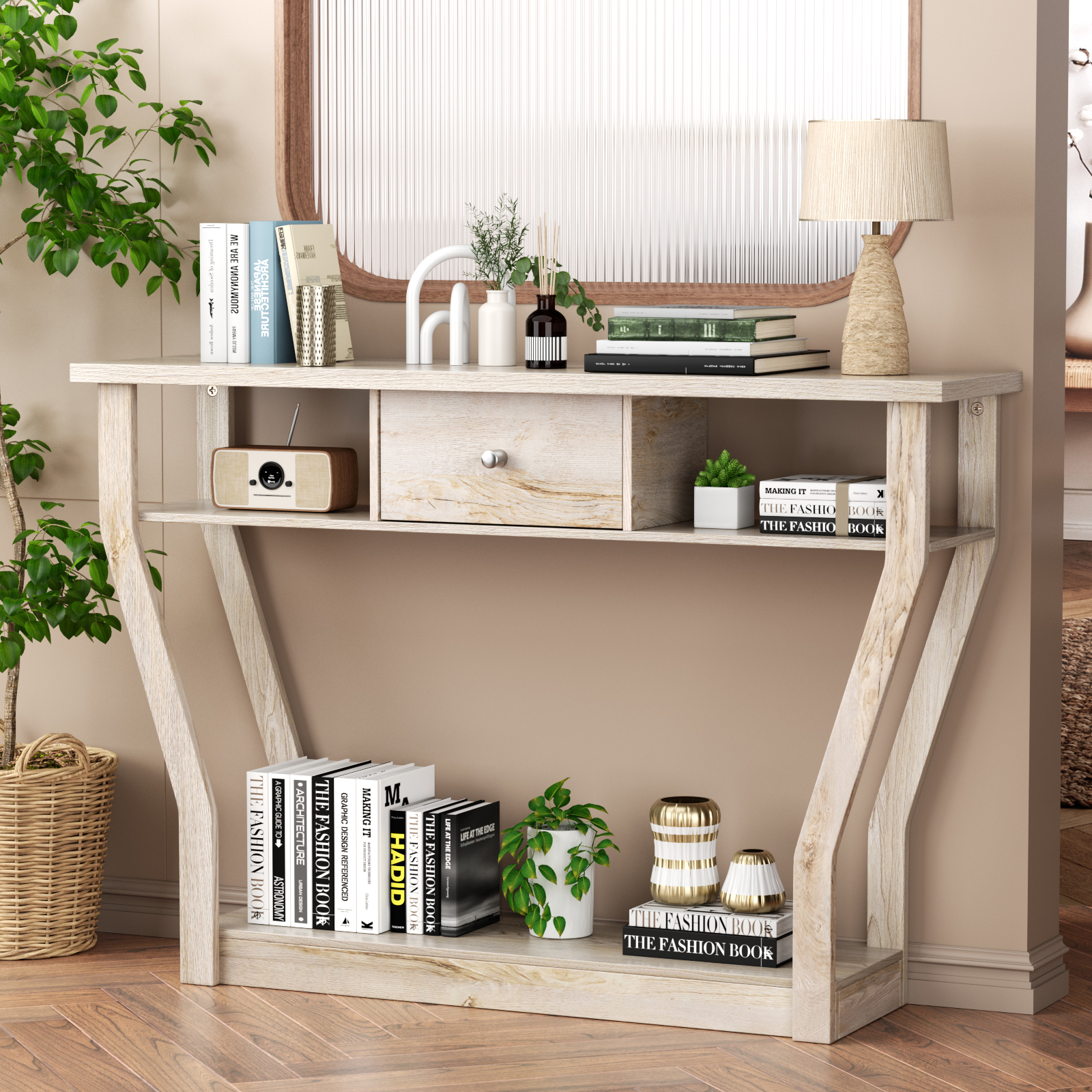 Anti-tilt Mdf Console Table With Drawer And 3 Shelves, Console Table With Stable And Durable Base