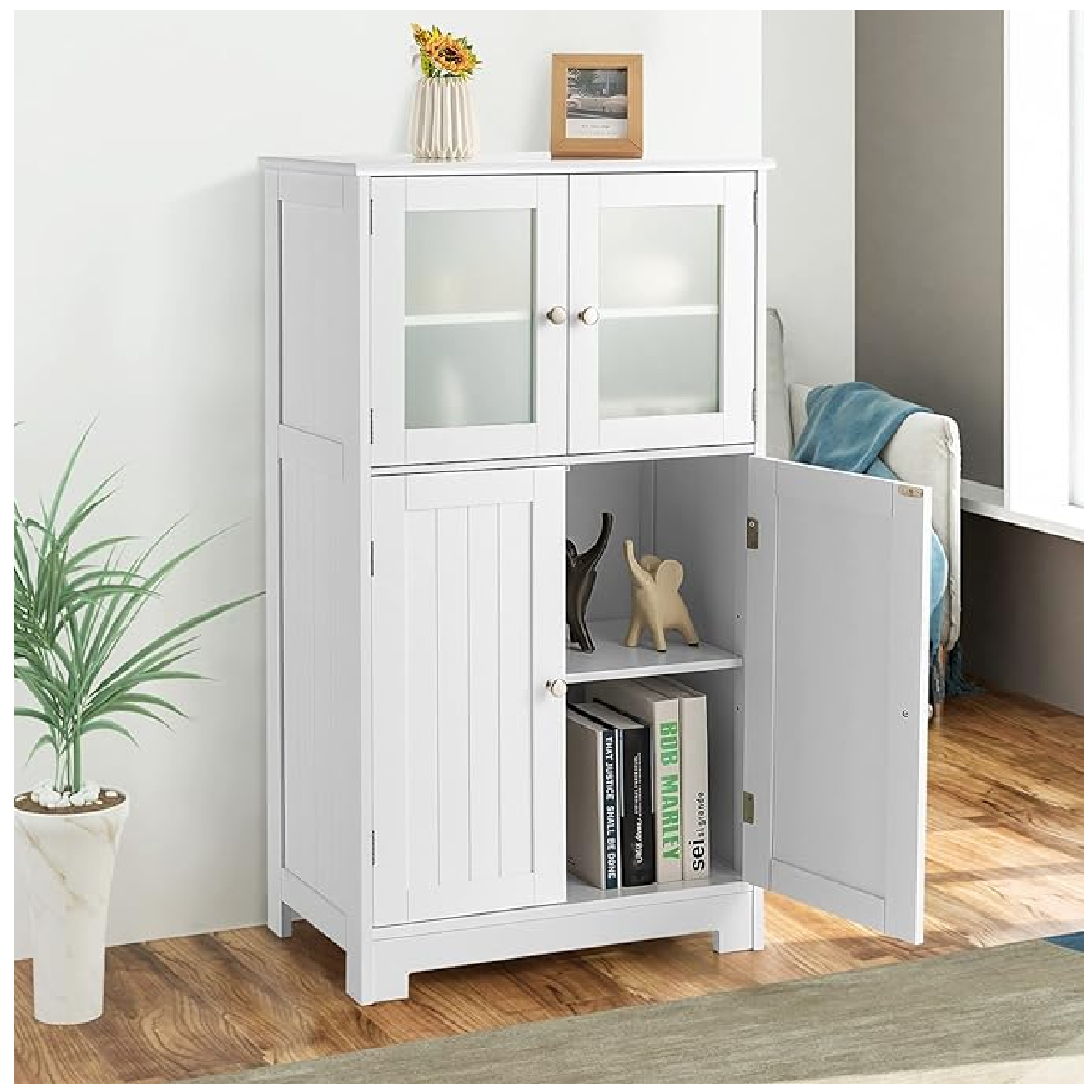 Tall Cabinet, Kitchen Cabinet With (including 2 Glass Doors), Storage Cabinet With 3 Levels