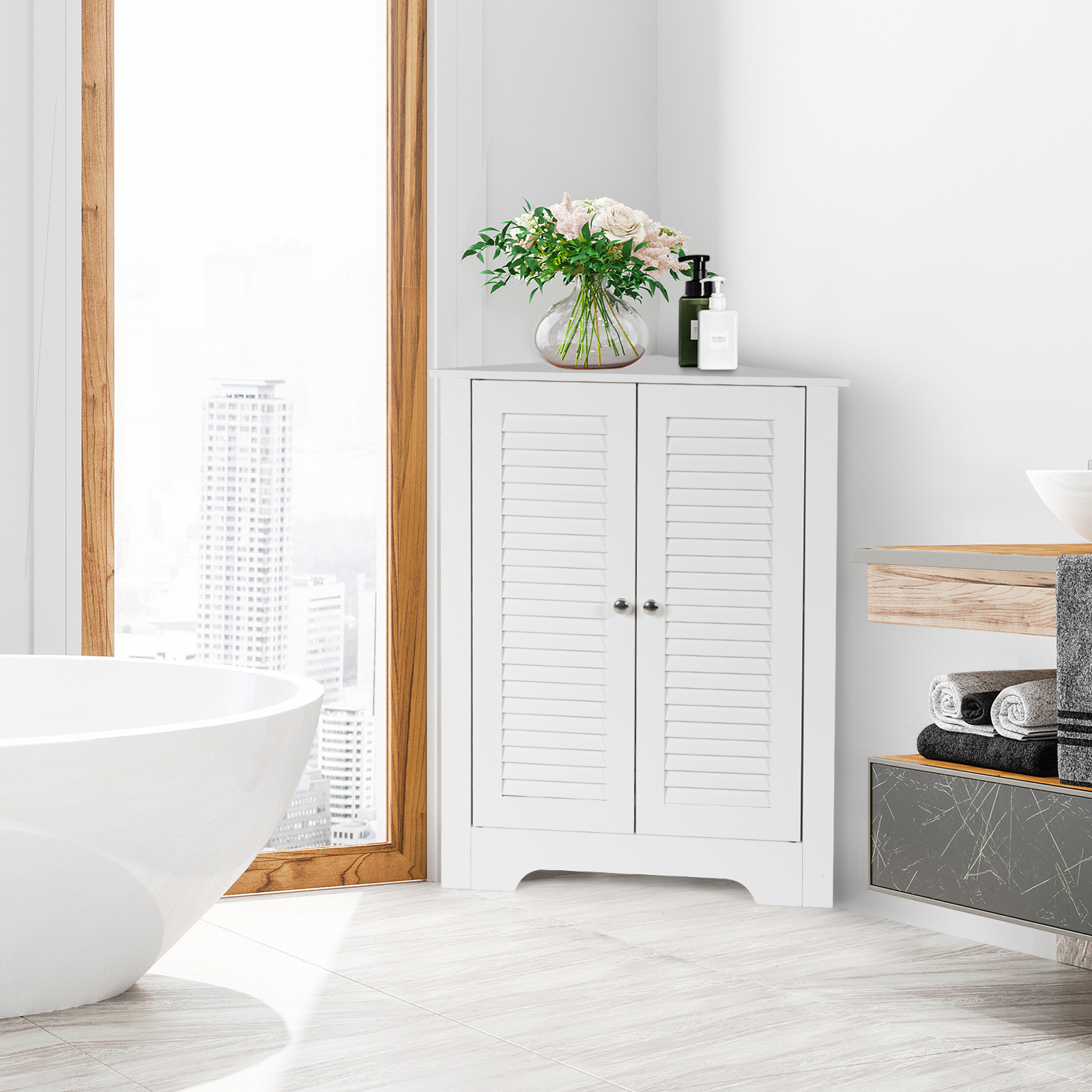 Image of Bathroom Cabinet Triangular 2 Door Closet With 3 Adjustable Shelves For Entryway, Living Room, Kitchen, Bedroom, 63 X 32 X 81.5 Cm