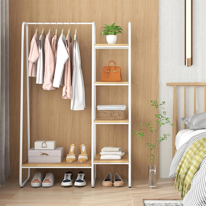 Image of Clothes Rack, Lightweight Freestanding Clothes Rack With Hanging Rail And 5 Wooden Shelves, Heavy Duty Metal Clothes Storage Organizer