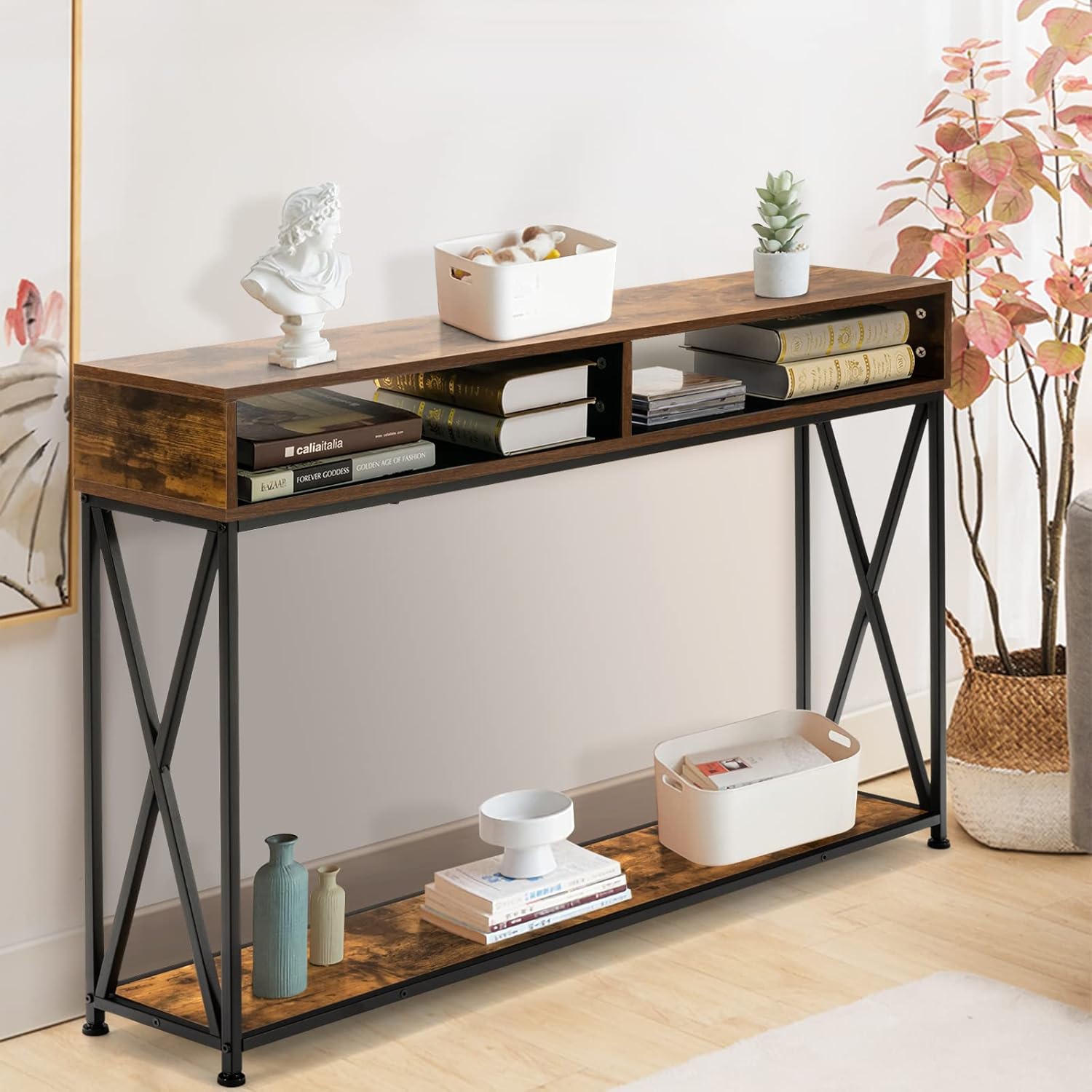 3-tier Console Table, Wood & Metal Sofa Table With Open Shelf