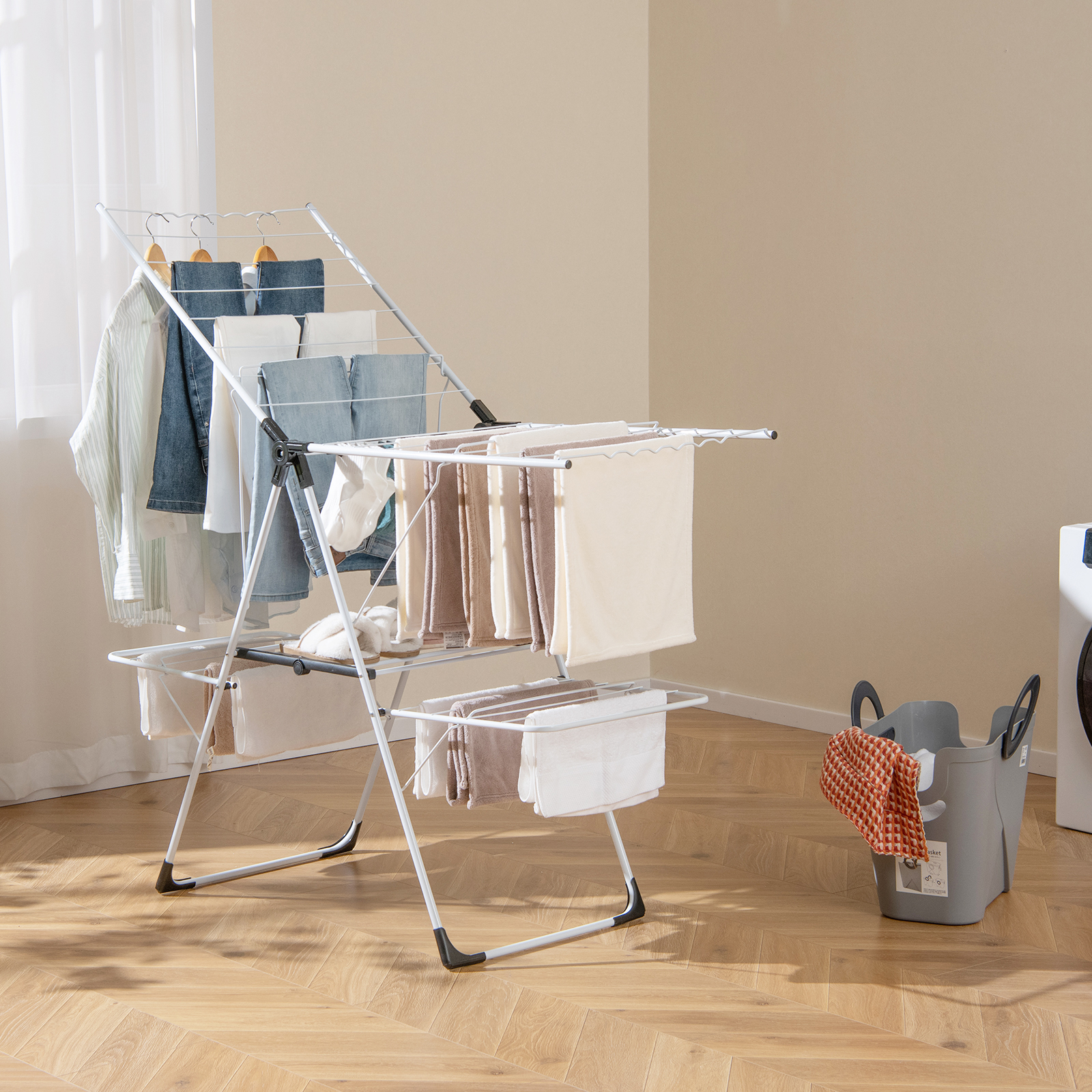 Foldable Clothes Drying Rack, 2-level Laundry Drying Rack With Adjustable Wings And Useful Clips