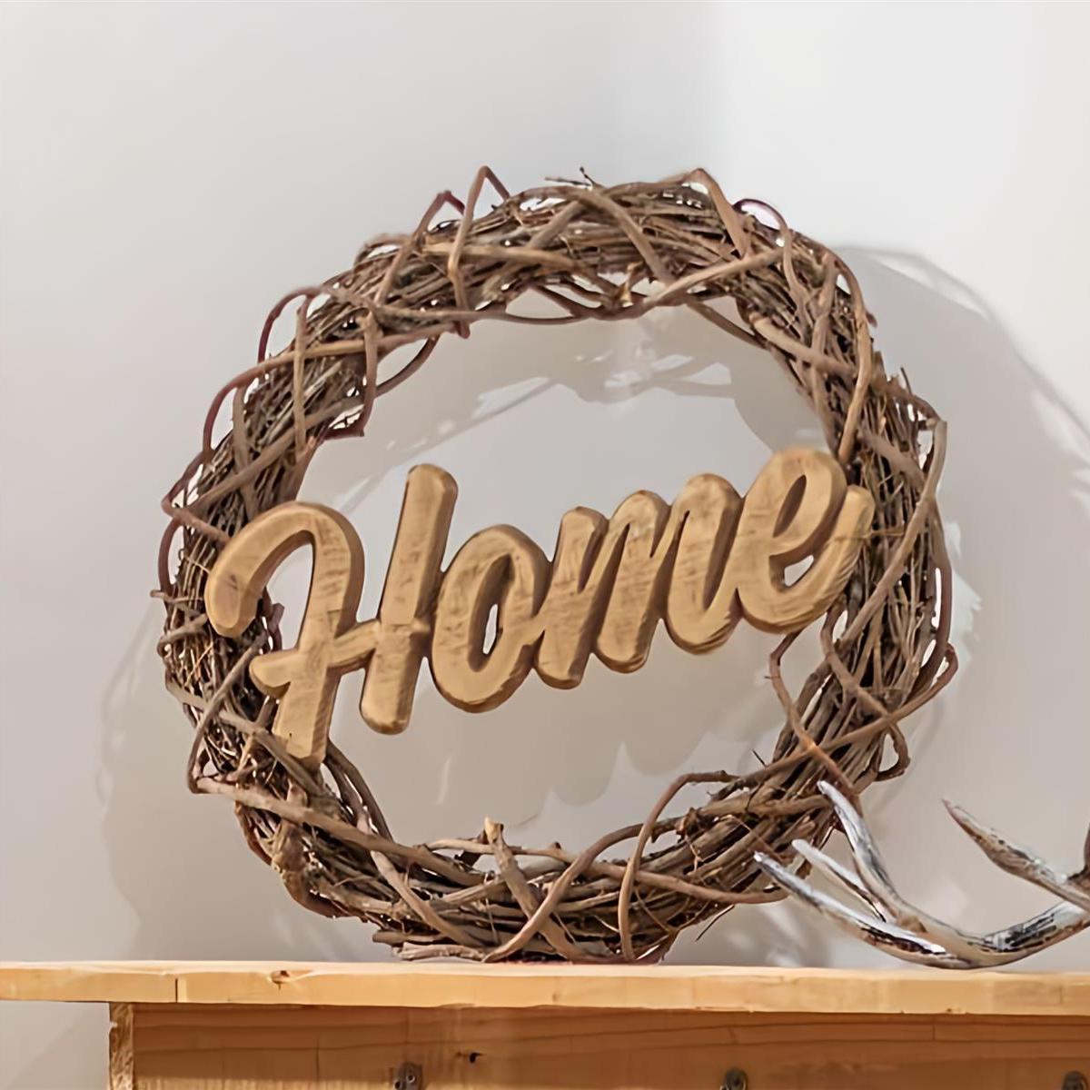 Wreath "home" Made Of Twigs With Wooden Lettering, 39 Cm In Diameter, Natural Wreath, Wall Wreath, Decorative Wreath, House Wreath, Wreath, Twig Wreath, Wall Decoration, Door Decoration.