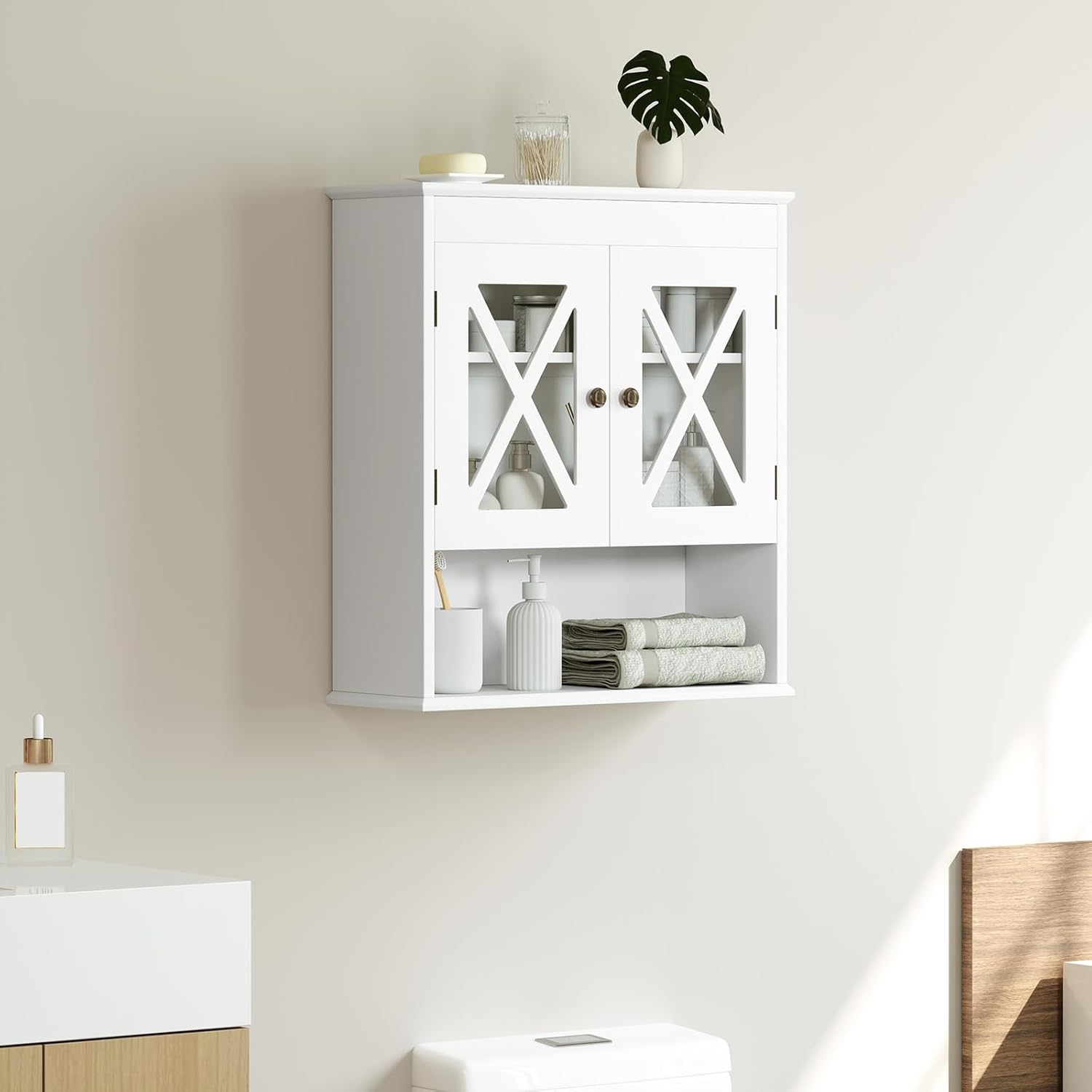 Image of Wall Cabinet, Bathroom Cabinet With Adjustable Shelf, Open Shelf, Wall Cabinet With 2 Transparent Doors, Medicine Cabinet For Living Room, Bathroom, Kitchen, White