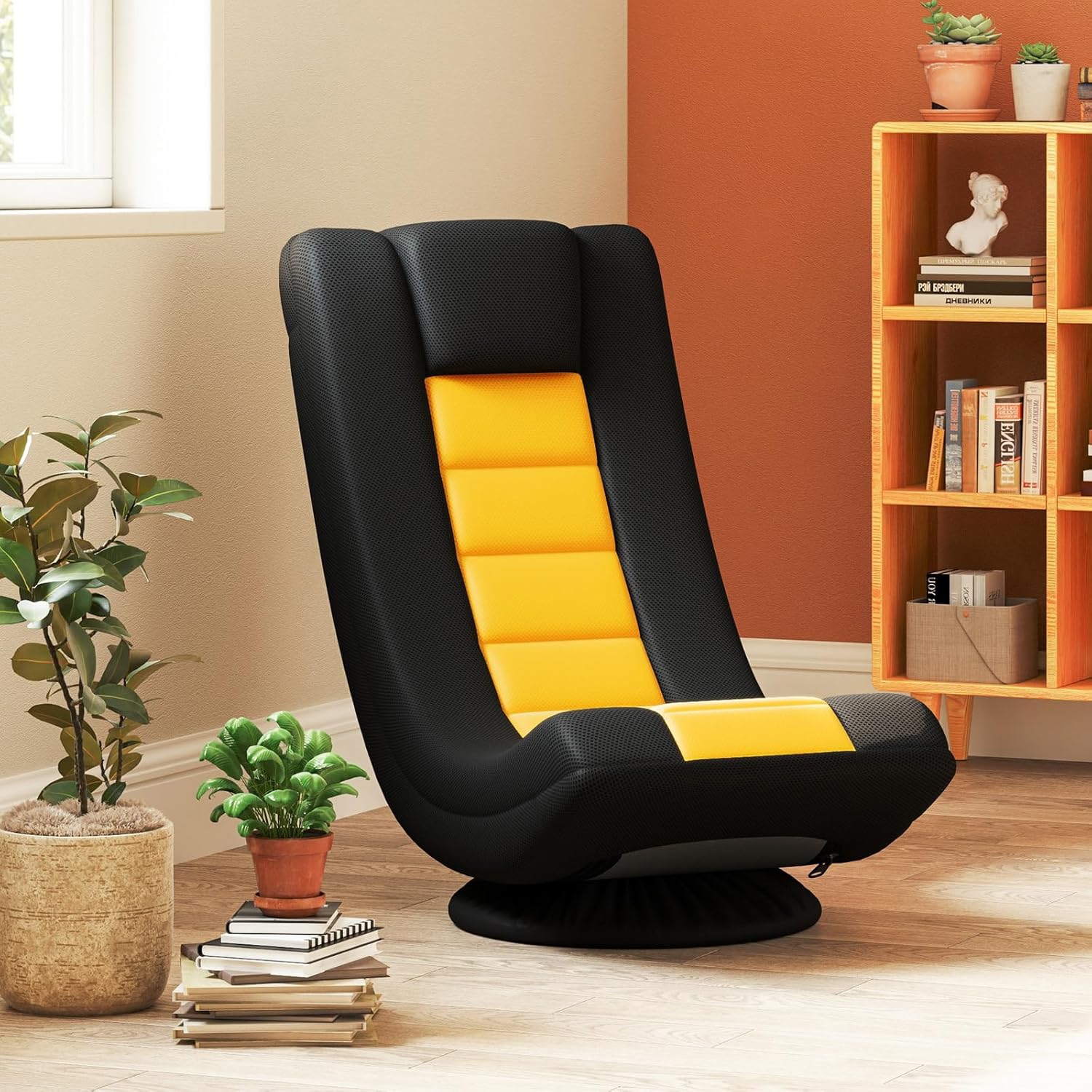 Image of Folding Floor Chair, 360 Degree Swivel Gaming Chair With 4 Position Adjustable Backrest, Neck Pillow And Metal Base