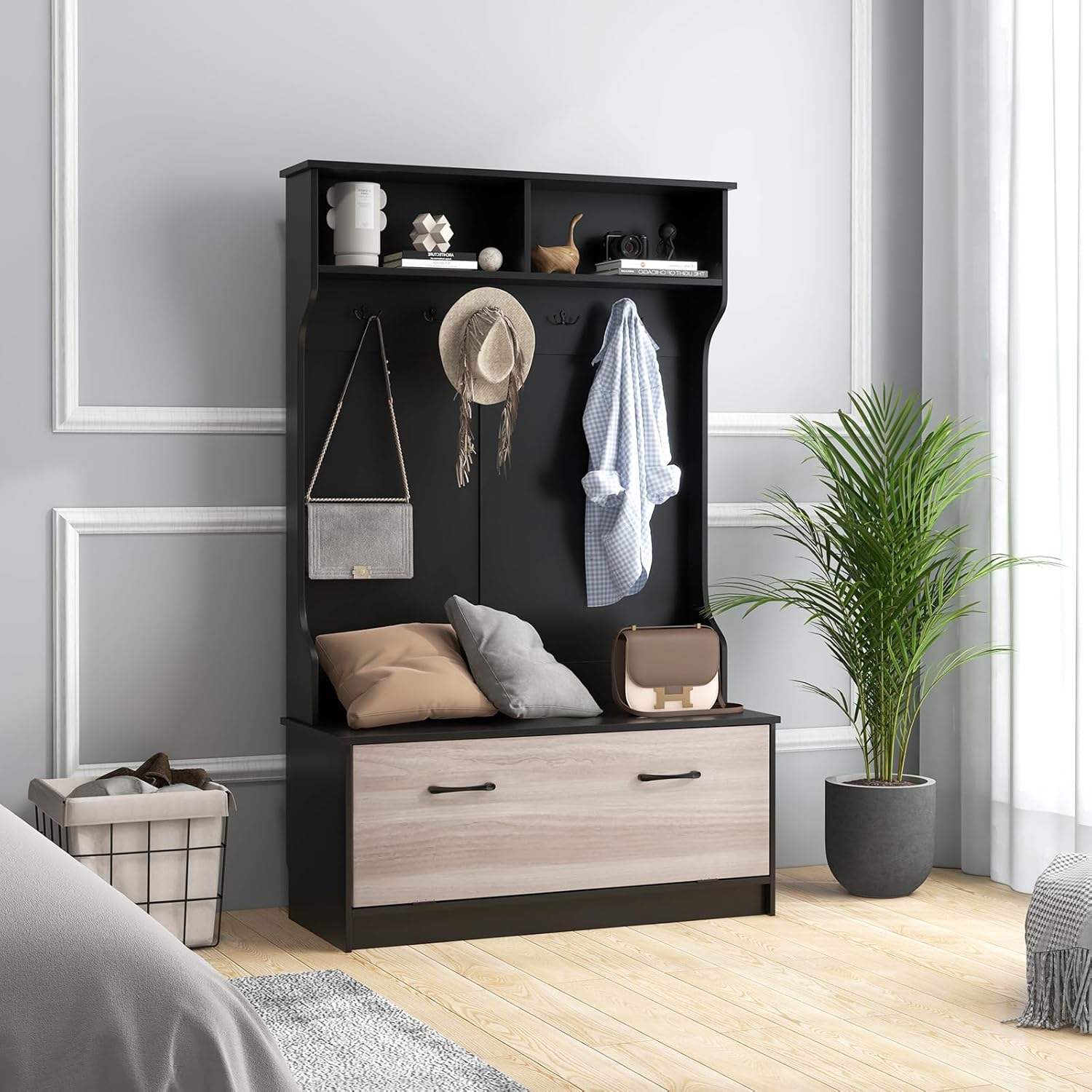 Clothes Rack With Storage Bench And 5 Hooks, Entrance Furniture, Wardrobe With Compartments