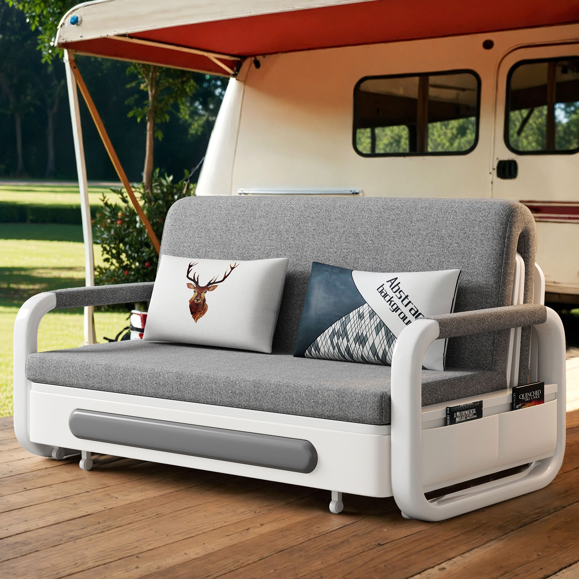 Olnewfurniture Multifunctional Pull-out Sofa Bed With Sleeping Function And Storage Space, Suitable For Balcony/terrace/garden, In Dark Grey And White (150 Cm)