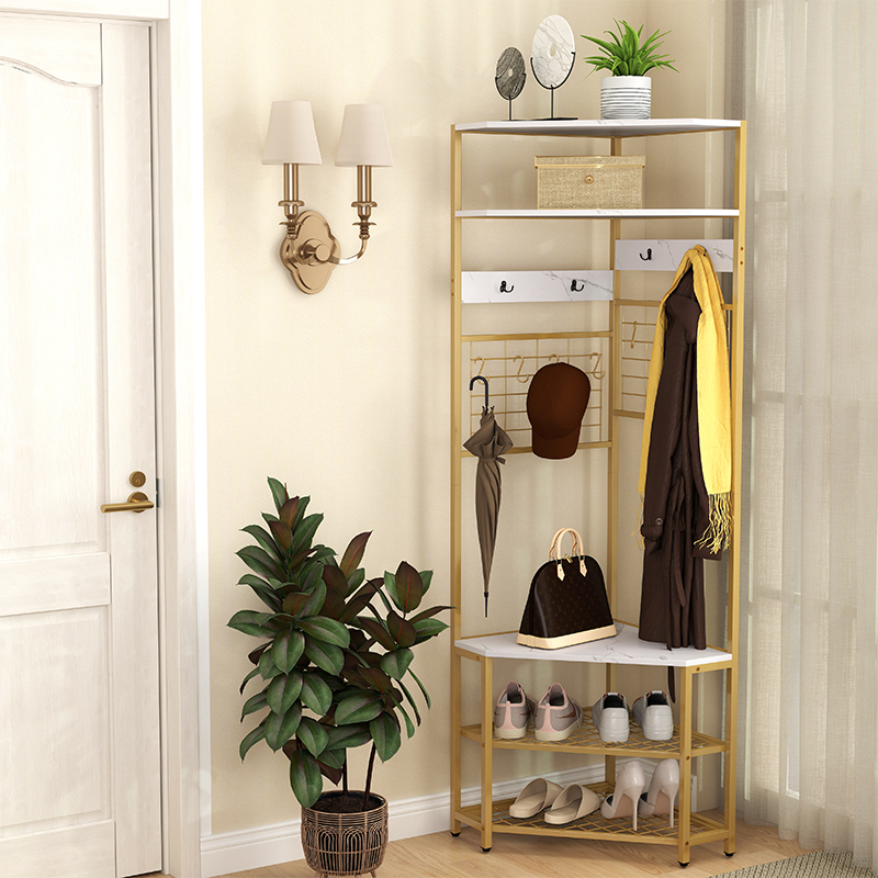 Corner Hall Tree, 73" Tall Entryway Coat Rack With Shoe Bench And 5 Storage Shelves, 12 Hooks