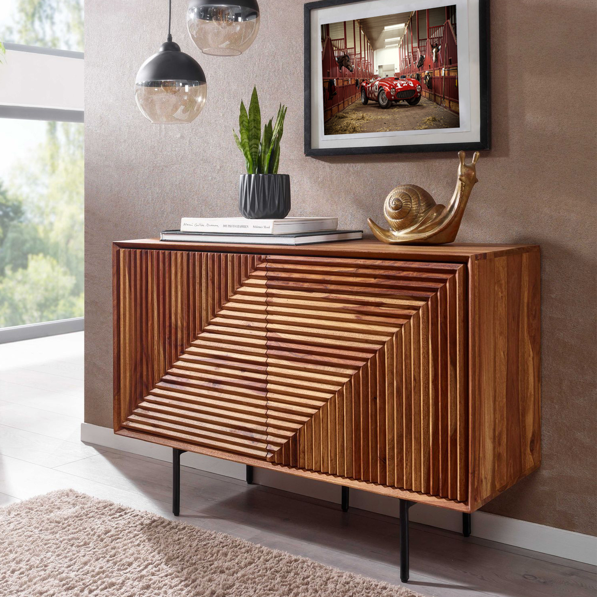 Solid Wood Design Sideboard 100cm Cabinet With 2 Doors Retro Design Black Metal