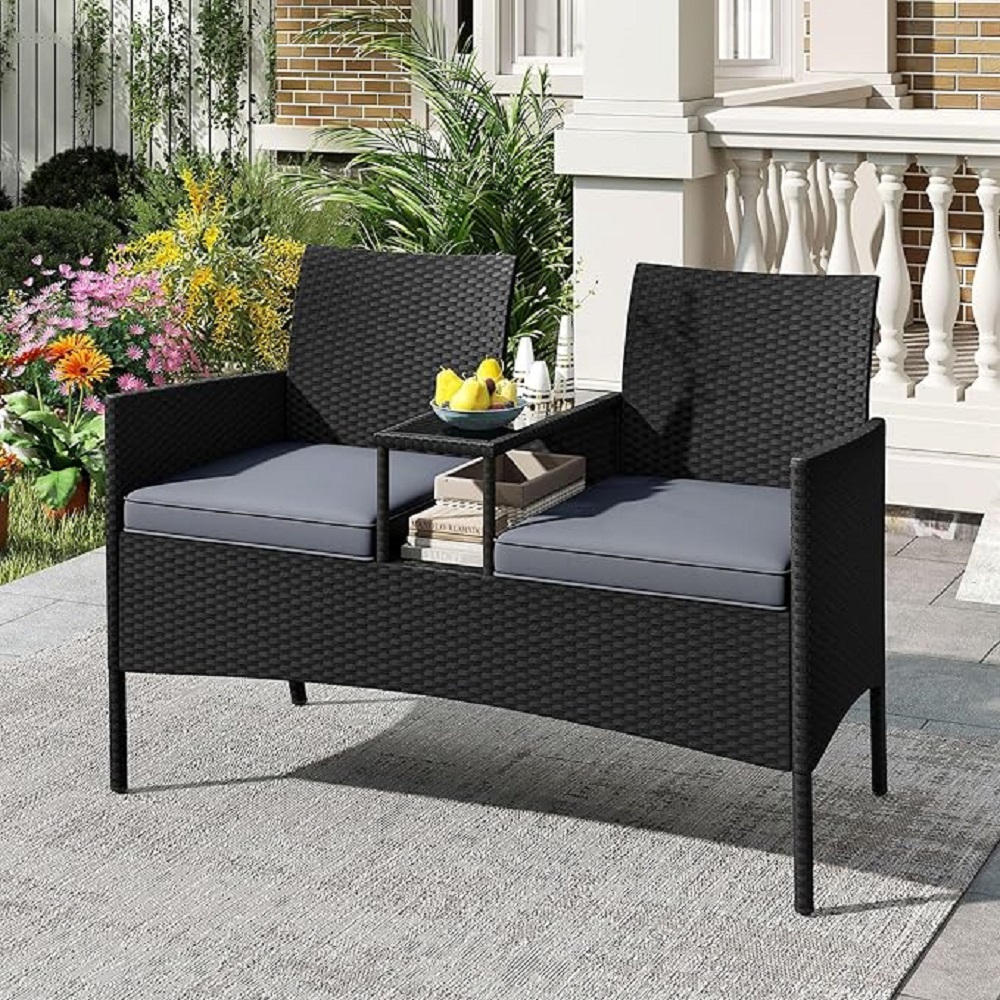 Image of Patio 2 Seater With Integrated Table, Braided Furniture For 2 People With Soft Cushions Tempered Glass Plate