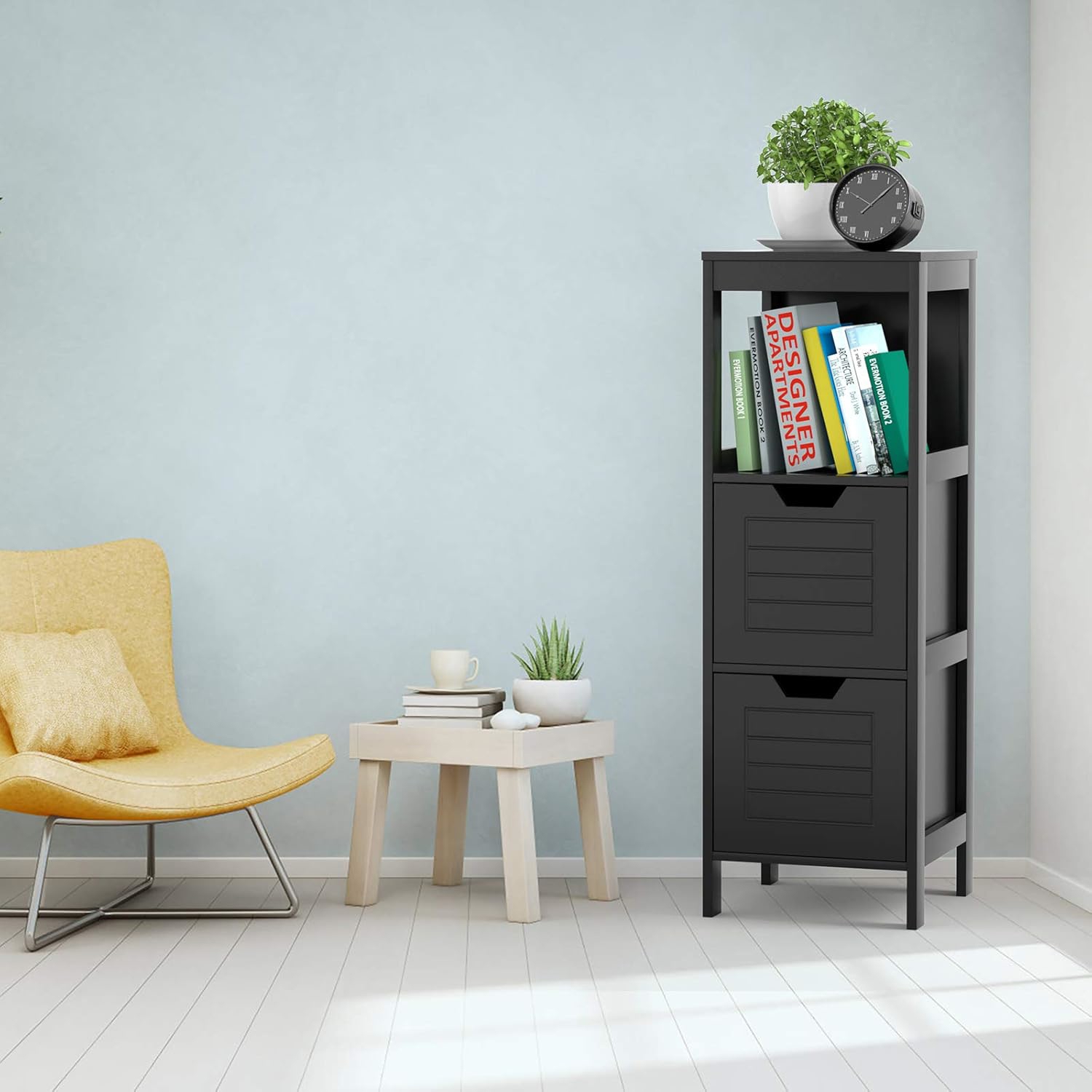 Image of Bathroom Cabinet With Compartment And Drawer, Wooden Floor Cabinet For Bathroom, Minimalist Nordic Style Bedside Table