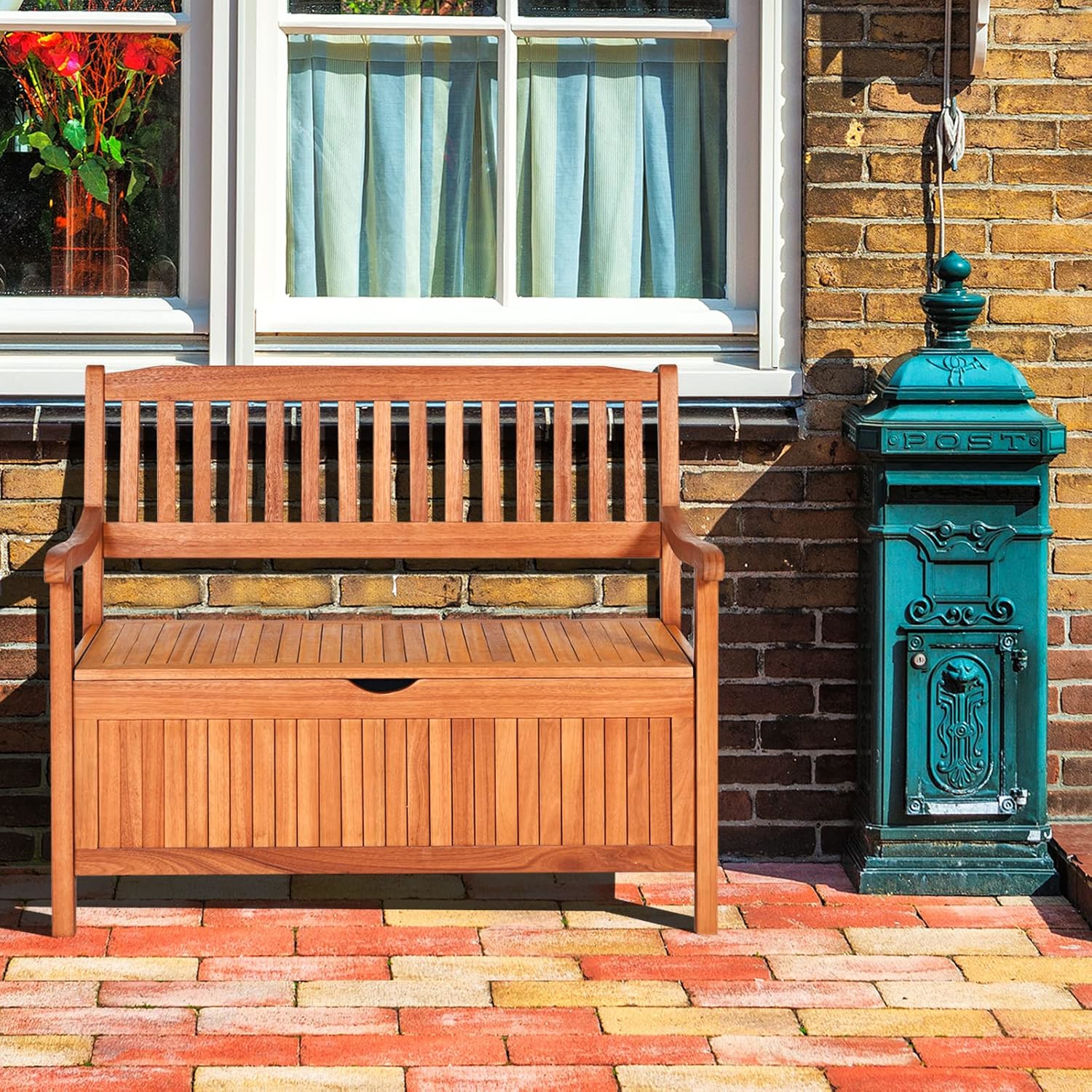 33 Gal Outdoor Storage Bench Deck Box, Patio Acacia Wood Storage Loveseat Removable Waterproof Liner