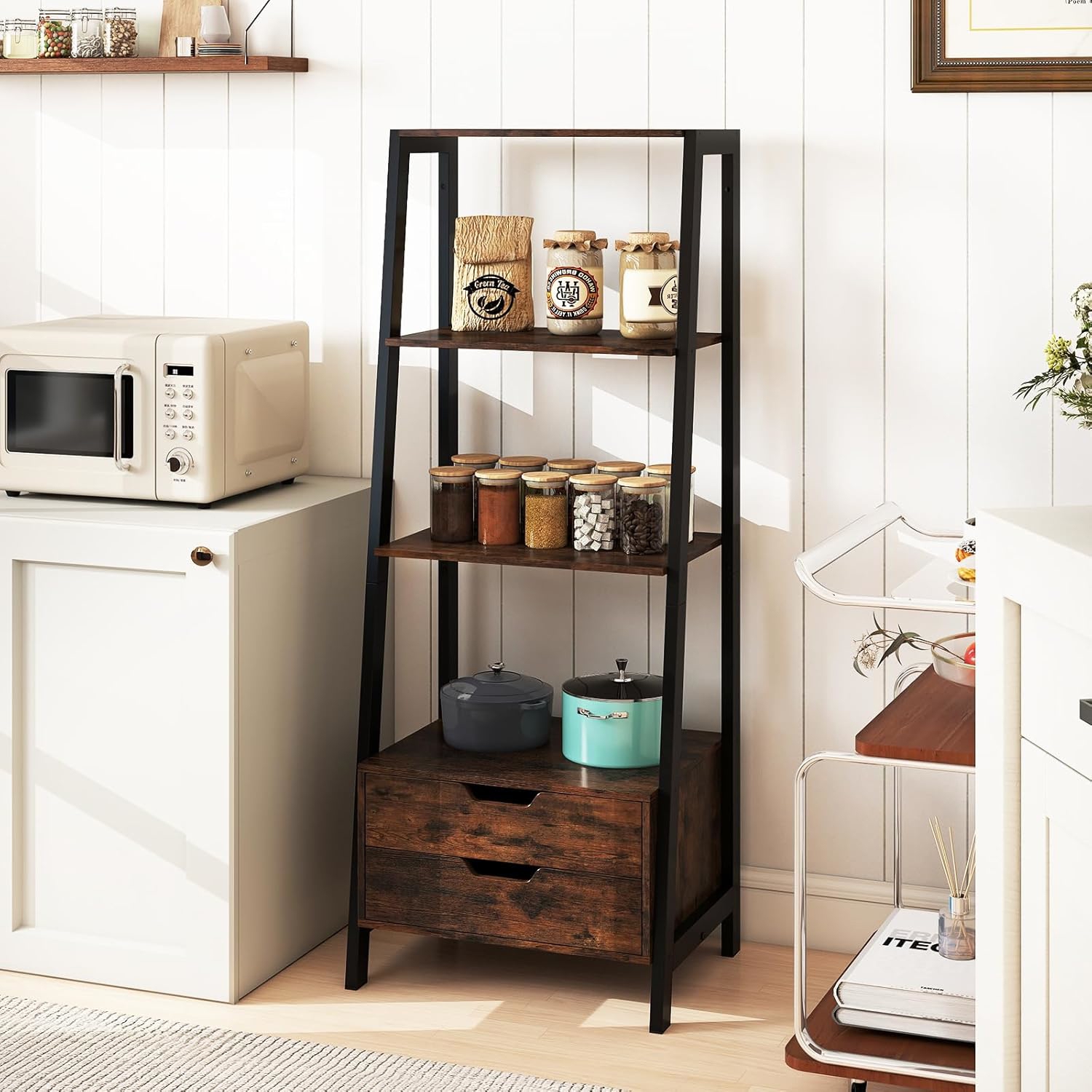 Ladder Shelf, Four-story Bookshelf With 4 Shelves, 2 Drawers, Standing Shelf With Metal Frame