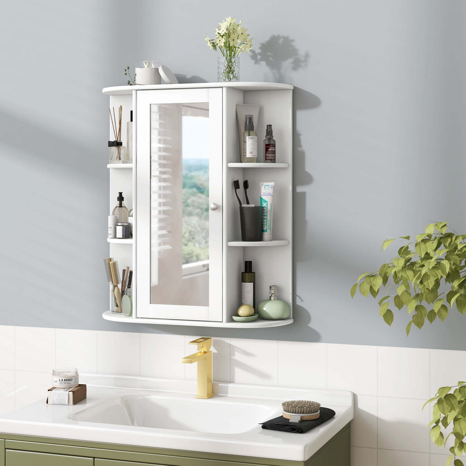 Image of Mirror Cabinet, Bathroom Mirror With Shelves, Wall Cabinet With Mirror, Bathroom Mirror Cabinet, Interior Adjustable Divider, Country House Style, For Bathroom, Entryway, White