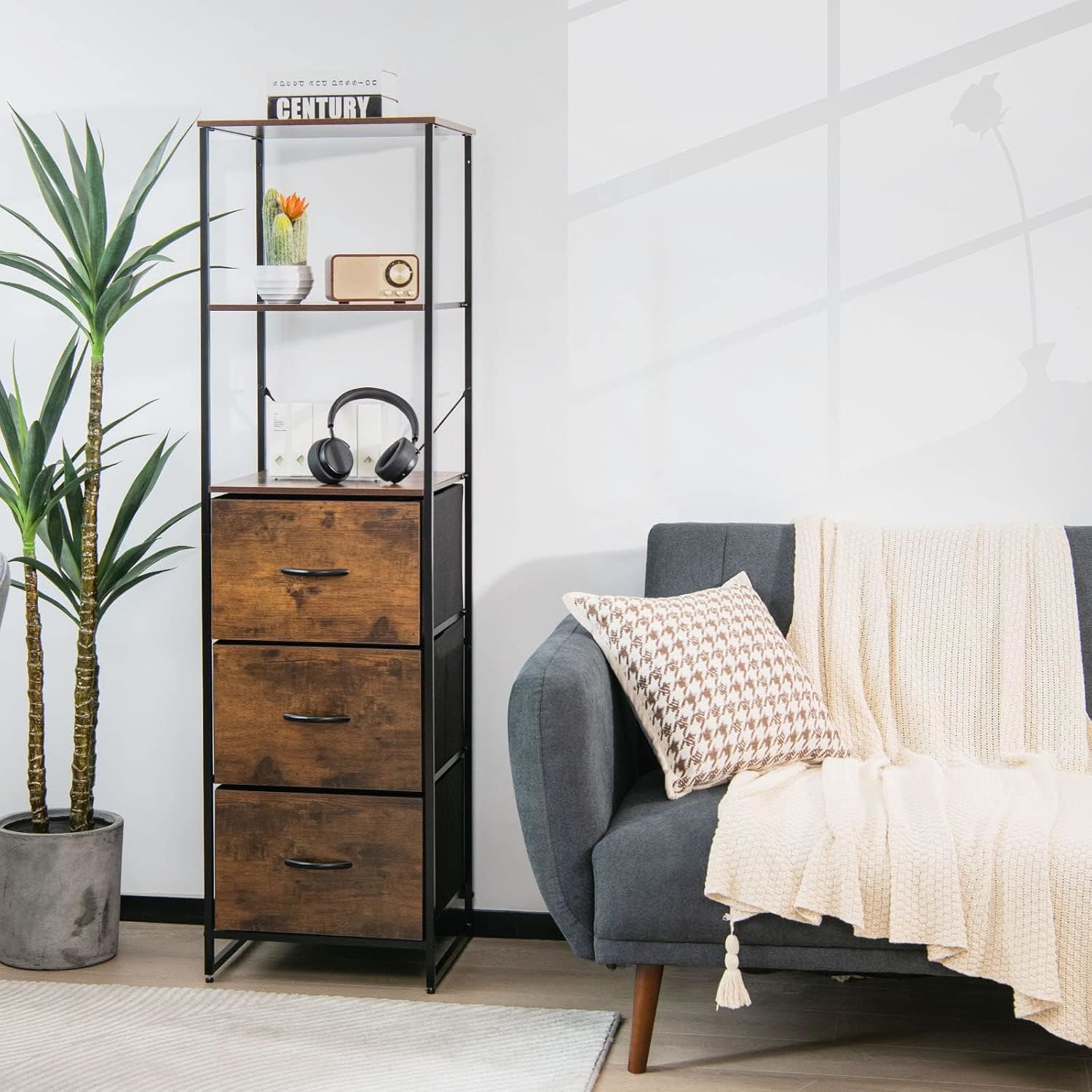 Image of Industrial Bookshelf, Three-drawer Dresser With 3 Open Shelves, Narrow Storage Rack With