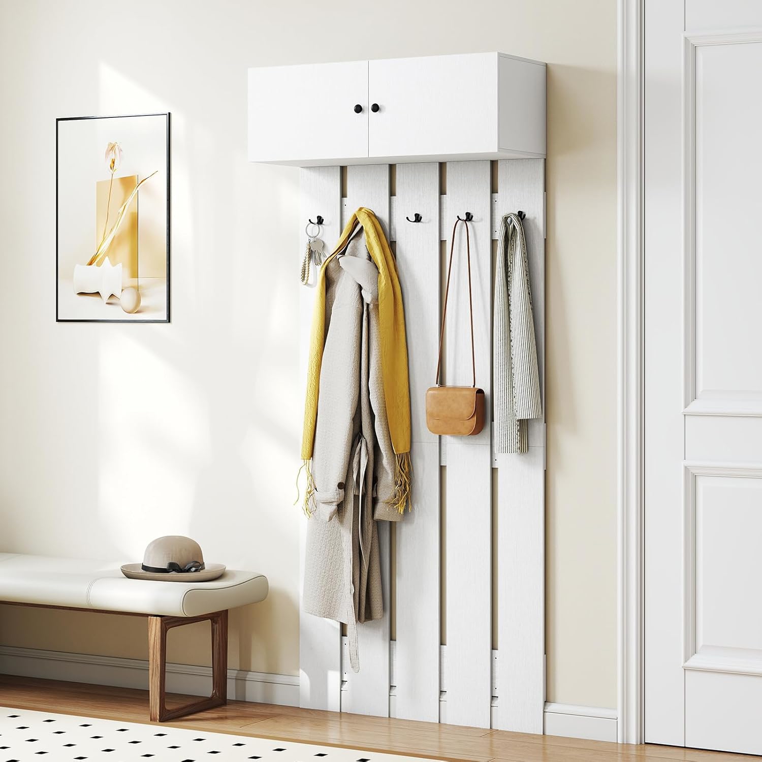 Image of 2-in-1 Entrance Rack, Wall Mounted Rack With Double Door Wardrobe And 5 Hooks