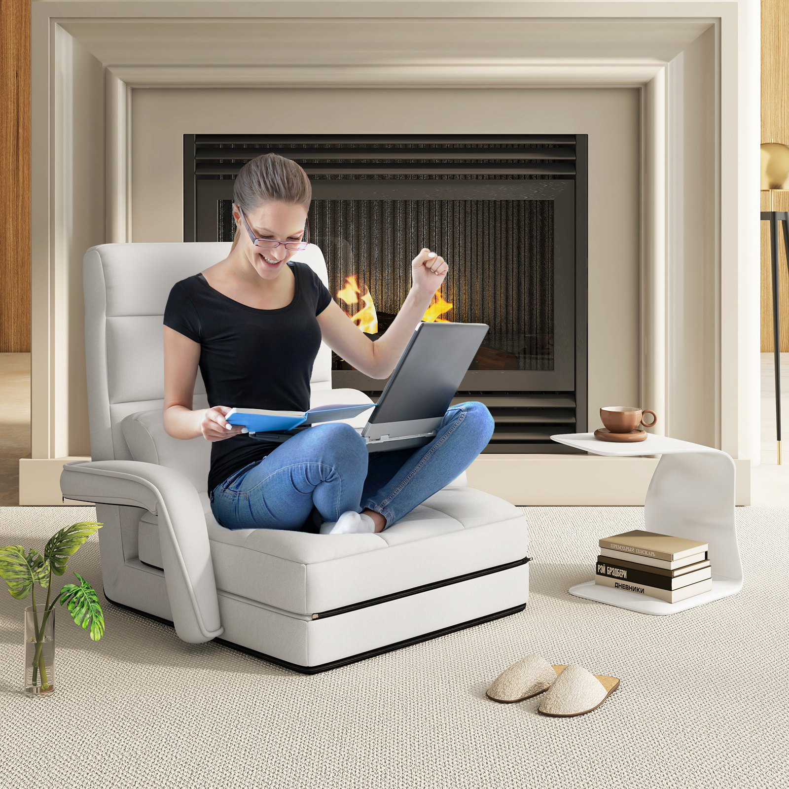 Folding Floor Chair, Indoor Lazy Sofa Armchair With 6 Position Adjustable Backrest, Armrests And Removable Pillow