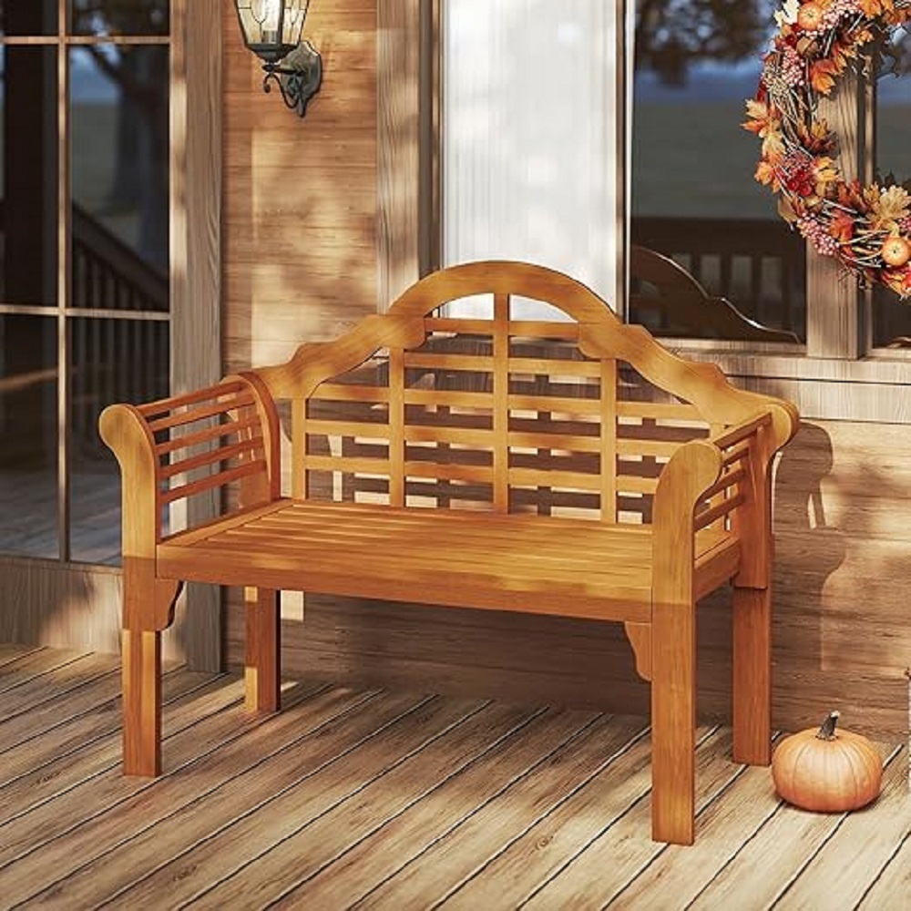 Image of Outdoor Wood Folding Bench, 2 Person Patio Conversation Chair Armrests Crown Like Backrest, Acacia Wood Bench