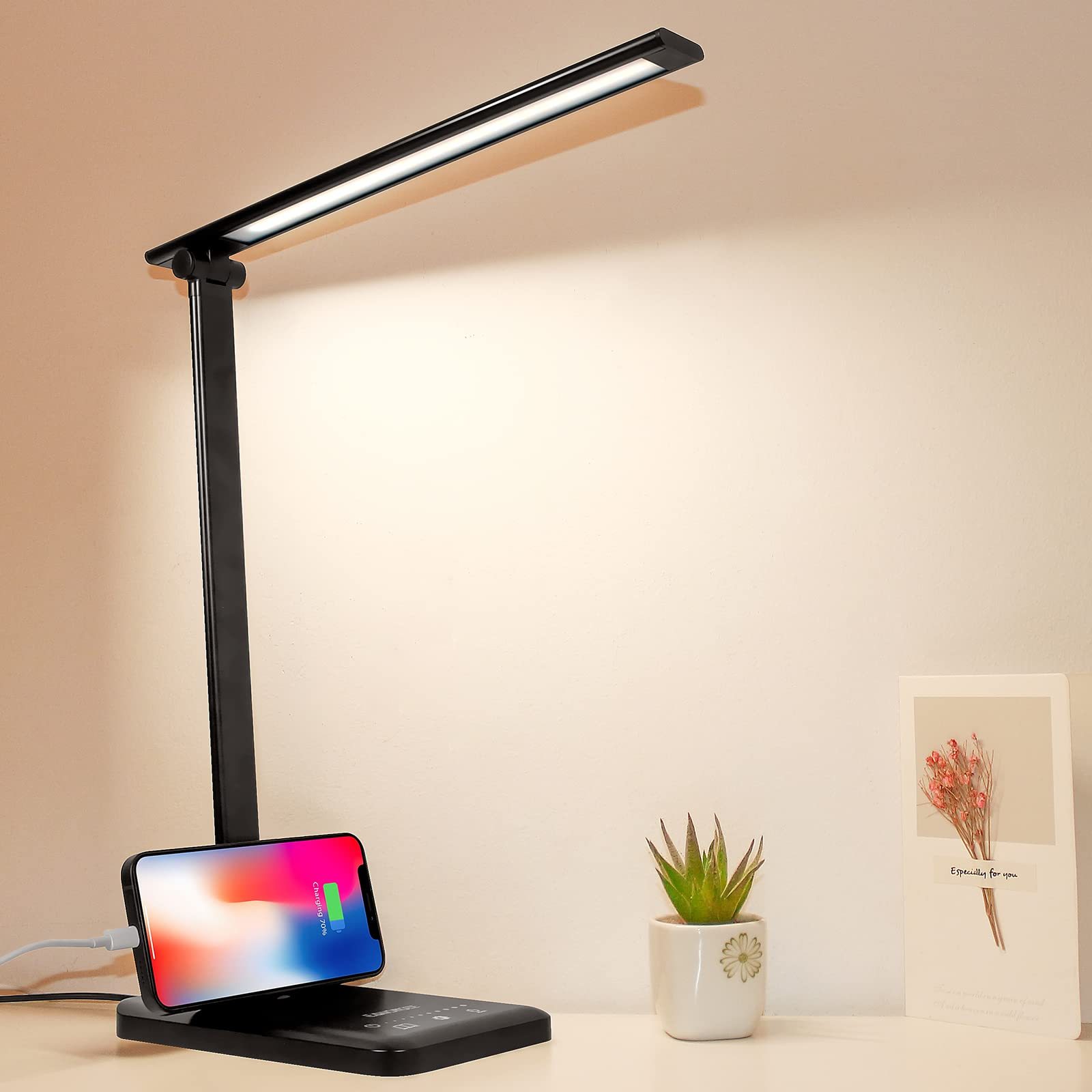 E-shop Schreibtischlampe, Augenschonende Tischlampe mit USB-Anschluss, 5 Lichtmodi dimmbare Helligkeit Nachttisch-Leseleuchte, Schreibtischlicht für