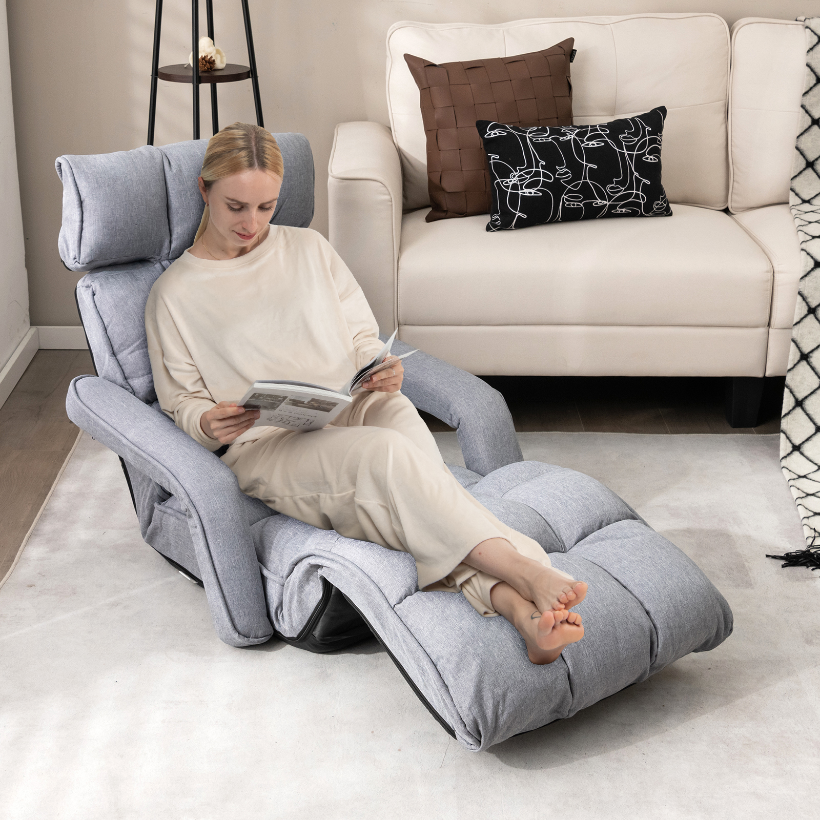 Adjustable Floor Chair For Adults, Foldable Lazy Sofa With Adjustable Armrests And Footrest, Indoor Chaise Lounge