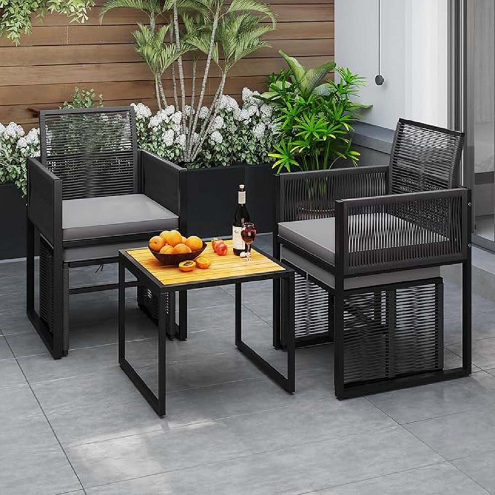 5 Piece Patio Furniture Set, Outdoor Bistro Set Acacia Wood Coffee Table, 2 Ottomans 2