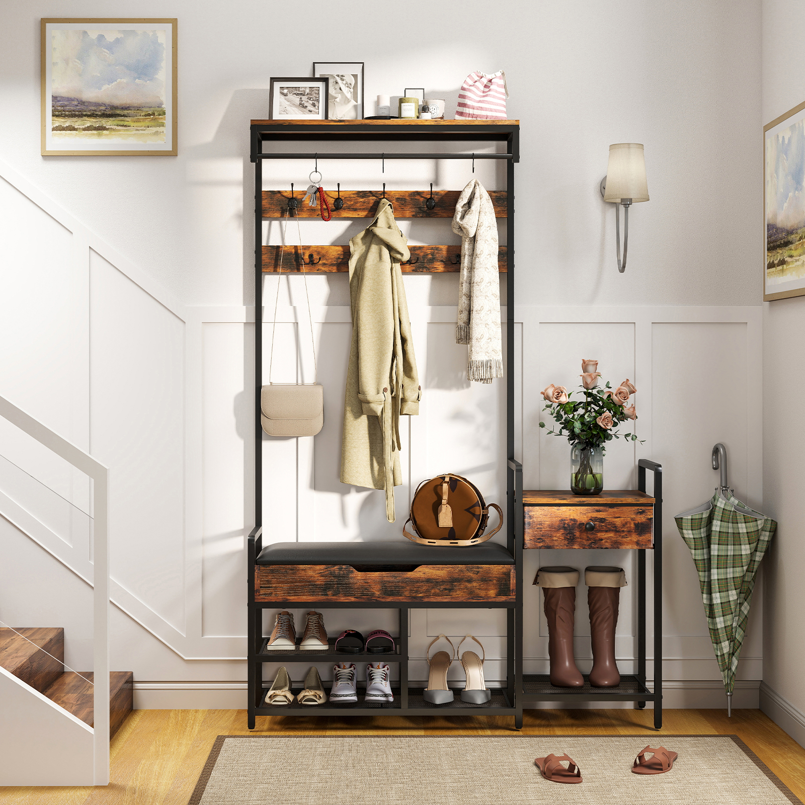 70" Clothes Rack With Shoe Storage Bench, Home Large Hall Tree With Open Shelves, 12 Hooks, Drawer