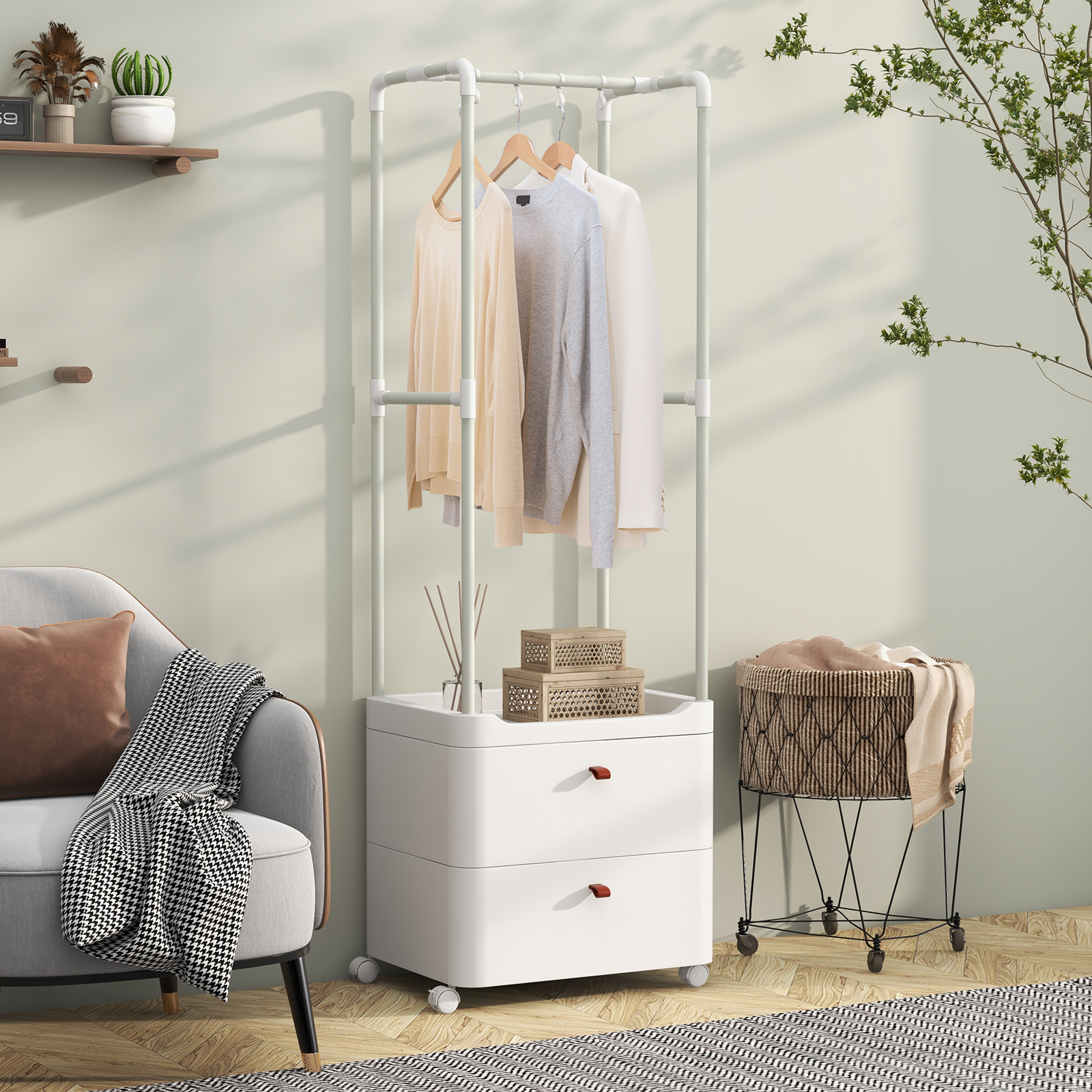 Rolling Clothes Rack With Drawers And Hooks, Freestanding Garment Rack On Wheels, Tall Closet Storage Organizer