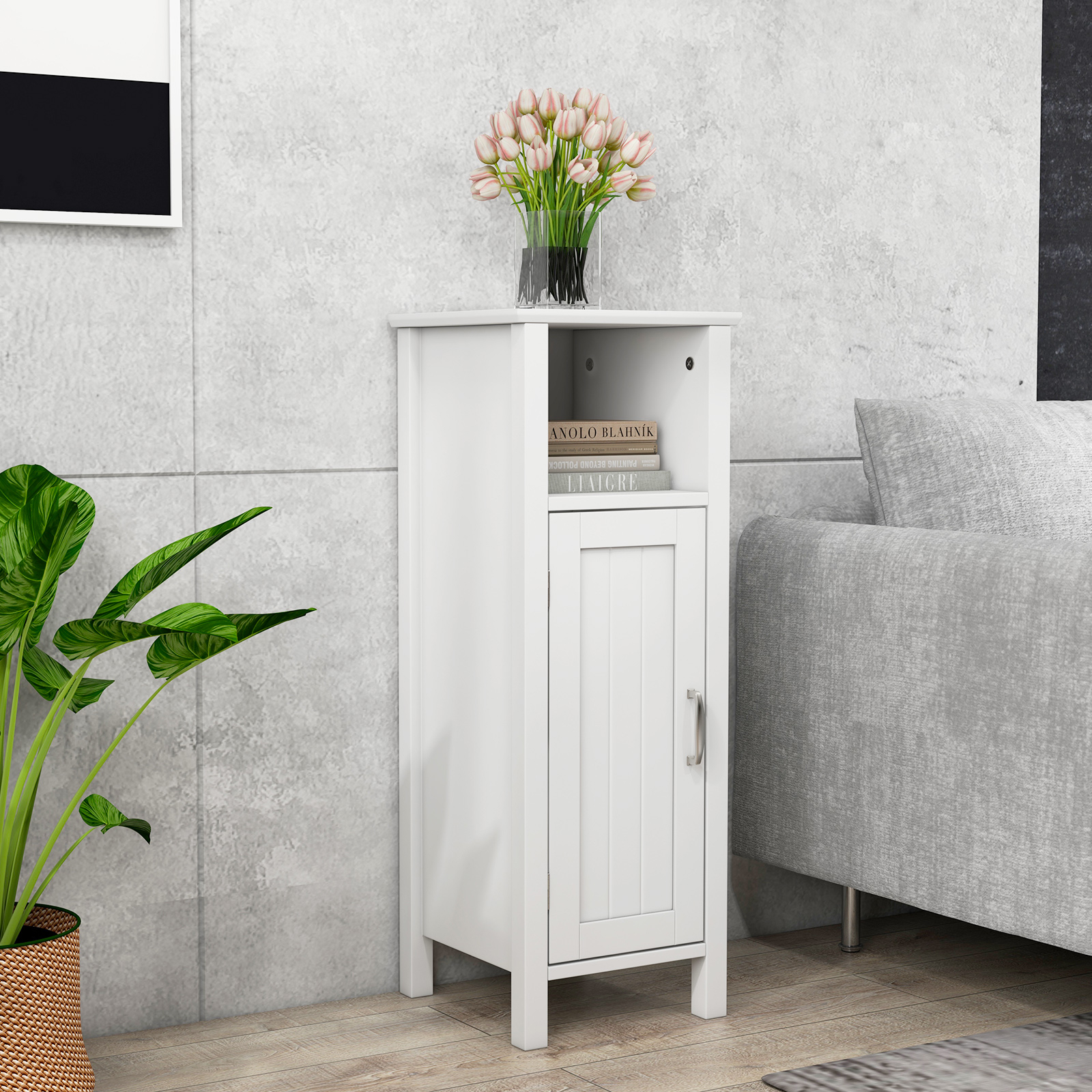 Image of Modern Bathroom Cabinet With Stand Door, Column Storage Unit With Drawer, Bathroom Storage Shelf For Bedroom, Bathroom, Hallway, 30 X 30 X 80 Cm, White
