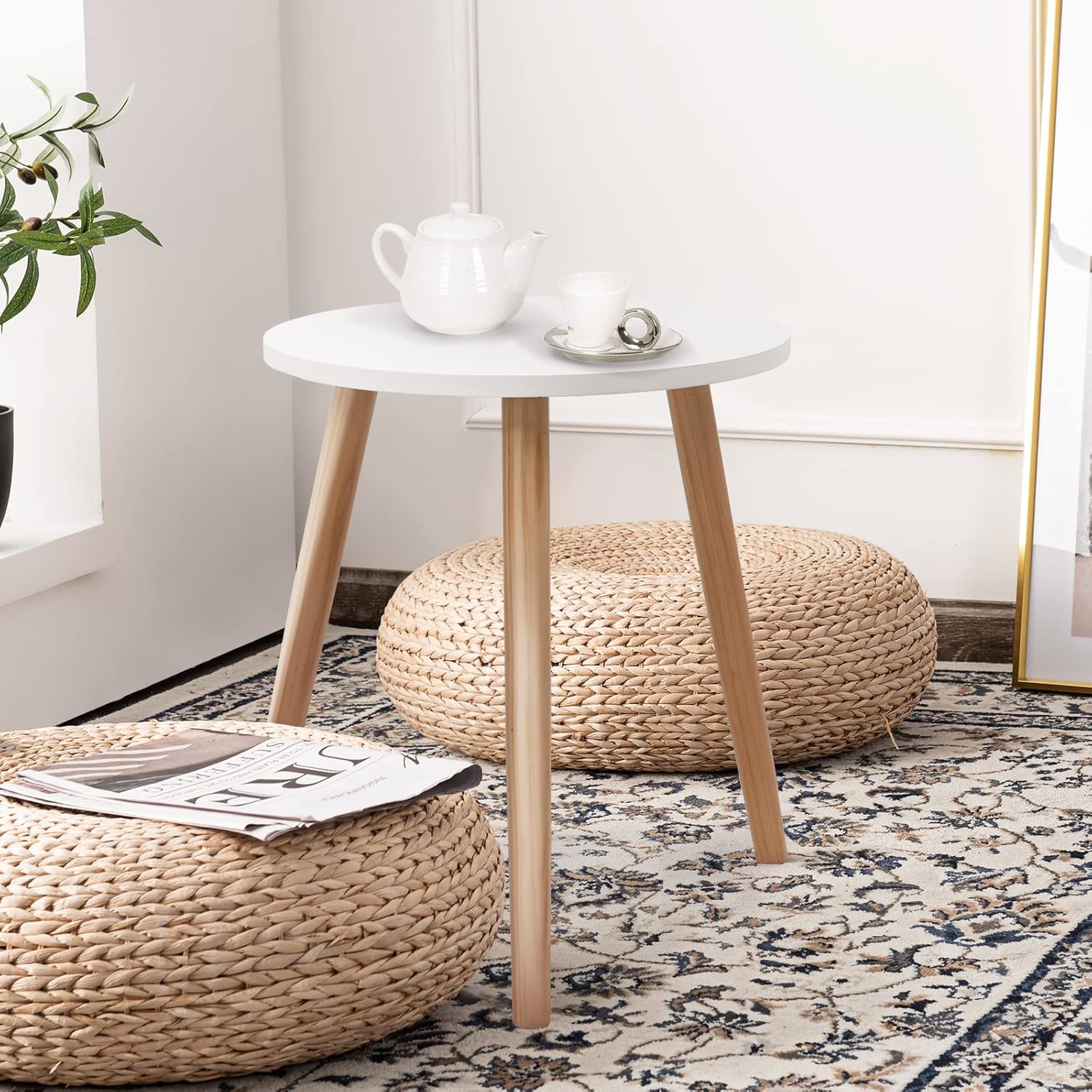Image of Round Coffee Table, Household Small Side Table With Natural Wood Legs