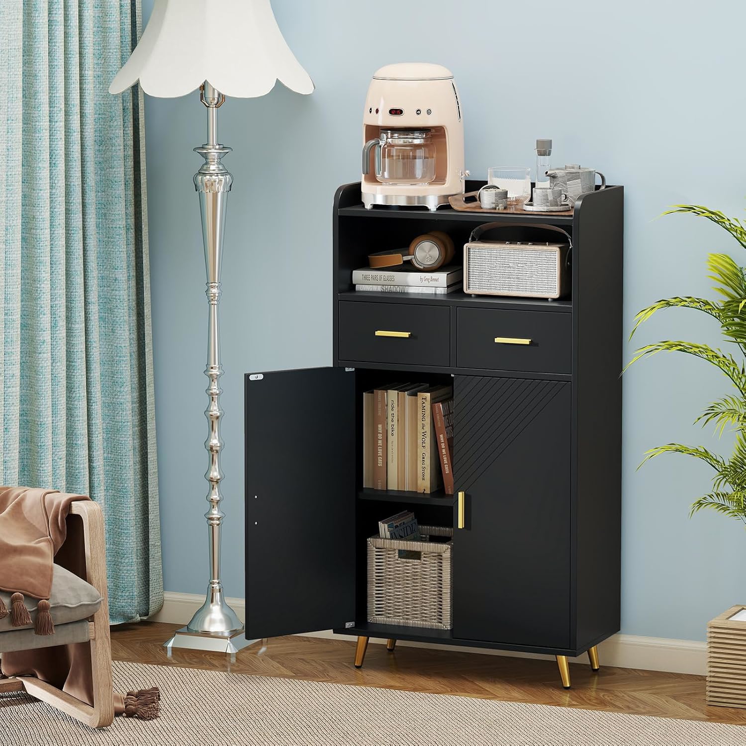 Image of Storage Cabinet With 2 Drawers And 2 Doors, Freestanding Kitchen Pantry Storage Hutch Cupboard With Adjustable Shelf, Sideboard Buffet Cabinet For Dining Room, Bathroom & Living Room