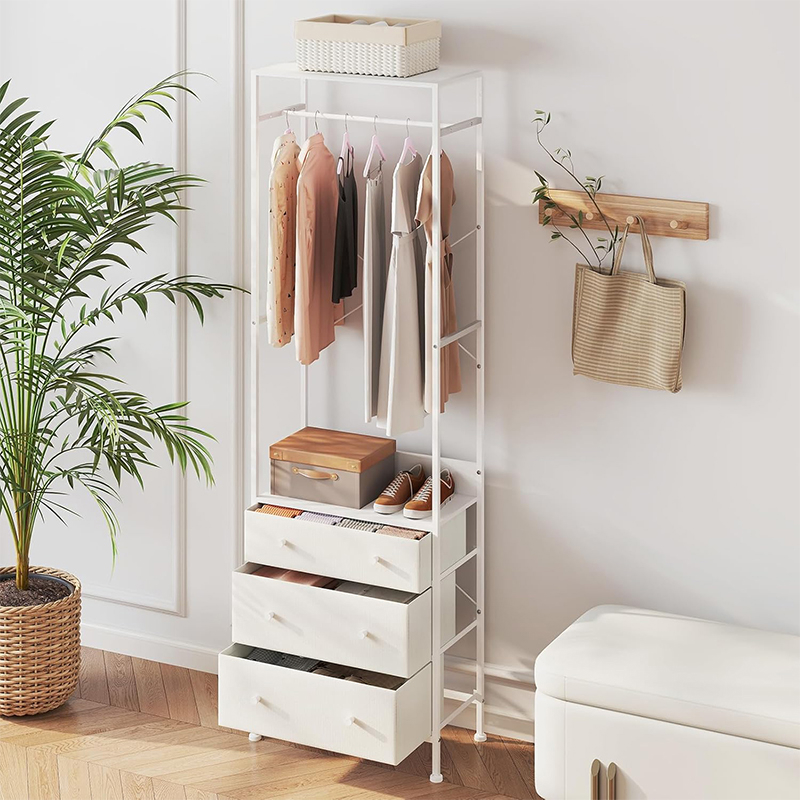 Image of Clothes Rack With Drawers And Shelves, Metal Coat Rack, Industrial Style Wardrobe For Entrance, Bedroom, Dressing Room