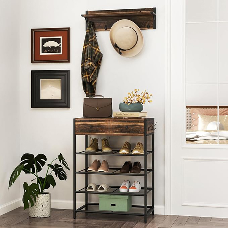 Coat And Shoe Rack Set, 5 Tier Shoe Storage Organizer With Wall-mount Coat Rack, Hooks, Drawers, Industrial Hall Tree