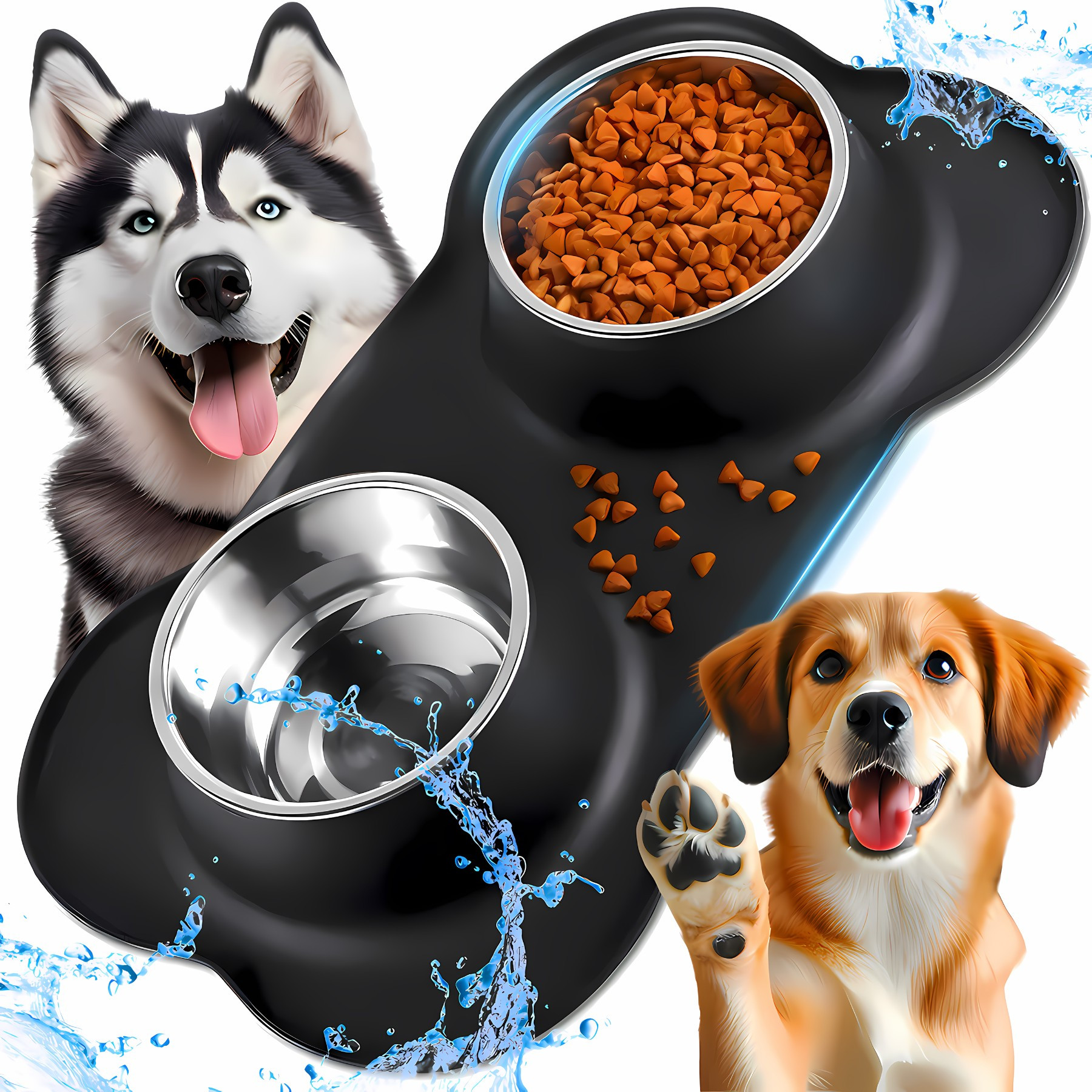 E-shop Doppelte Schüssel für Hunde und Katzen RETOO , 400 ml mit rutschfester Basis, stabile Konstruktion, Edelstahl + Silikon, bequemes Füttern,
