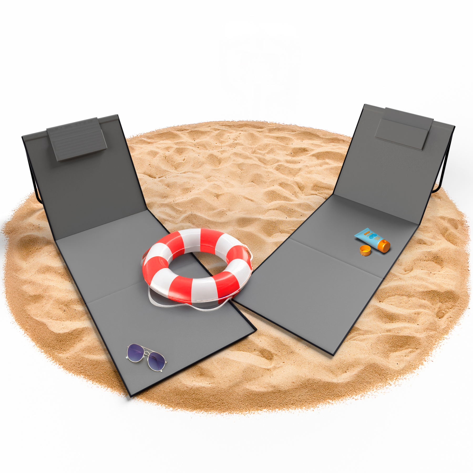 Image of Beach Mat 2-piece Set With Padded Folding Beach Lounger, Adjustable Backrest Cushion & Carry Bag With Shoulder Strap