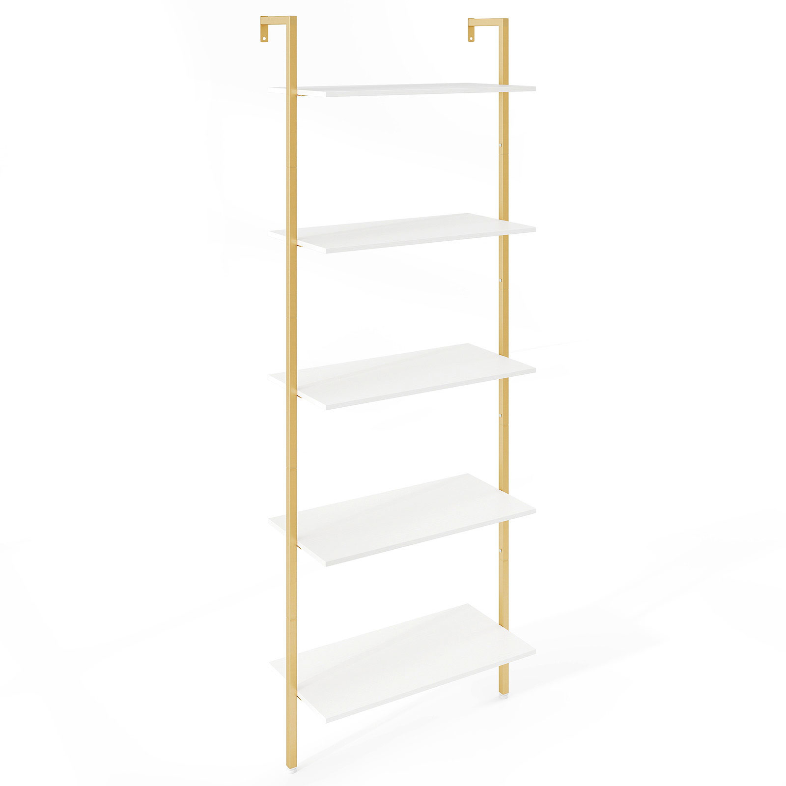 Five-tier Ladder Shelf, Wall Mounted Bookcase With Metal Frame And Adjustable Foot Pads, Tall Open Bookshelf
